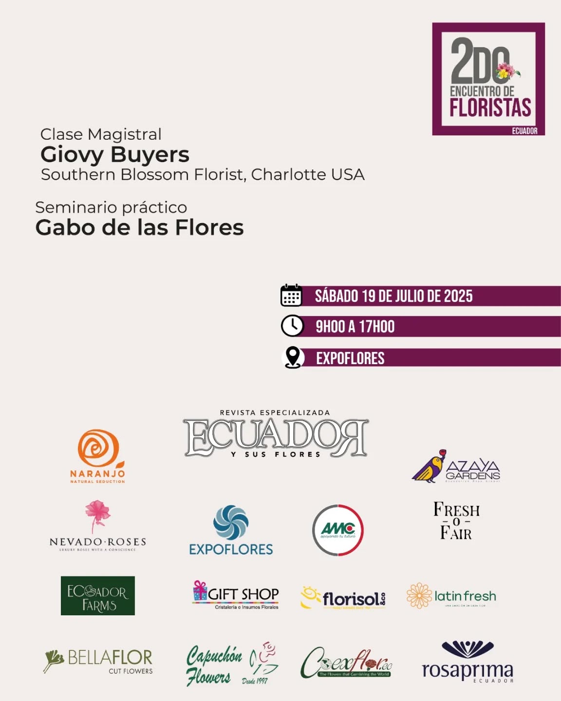 Gracias a todas las marcas que han apoyado el 2do Encuentro de Floristas.
Estamos encantados de impulsar el diseño floral ecuatoriano.
Nos vemos el sábado!