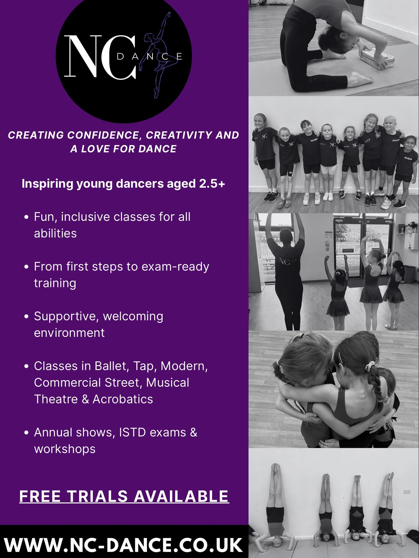 Welcome to NC Dance 🪩💜
Creating Confidence, Creativity & a Love for Dance
Based in Reading, NC Dance offers dynamic and inclusive dance classes for children aged 2.5 years and up.
We create a welcoming and supportive environment where dancers of all ages and abilities can thrive — whether they’re taking their first steps or preparing for professional training. 💃🏽
We offer a variety of weekly and weekend classes for all levels and abilities!
Come and be a part of something special! 💜
Link in bio to book trial class!
www.nc-dance.co.uk