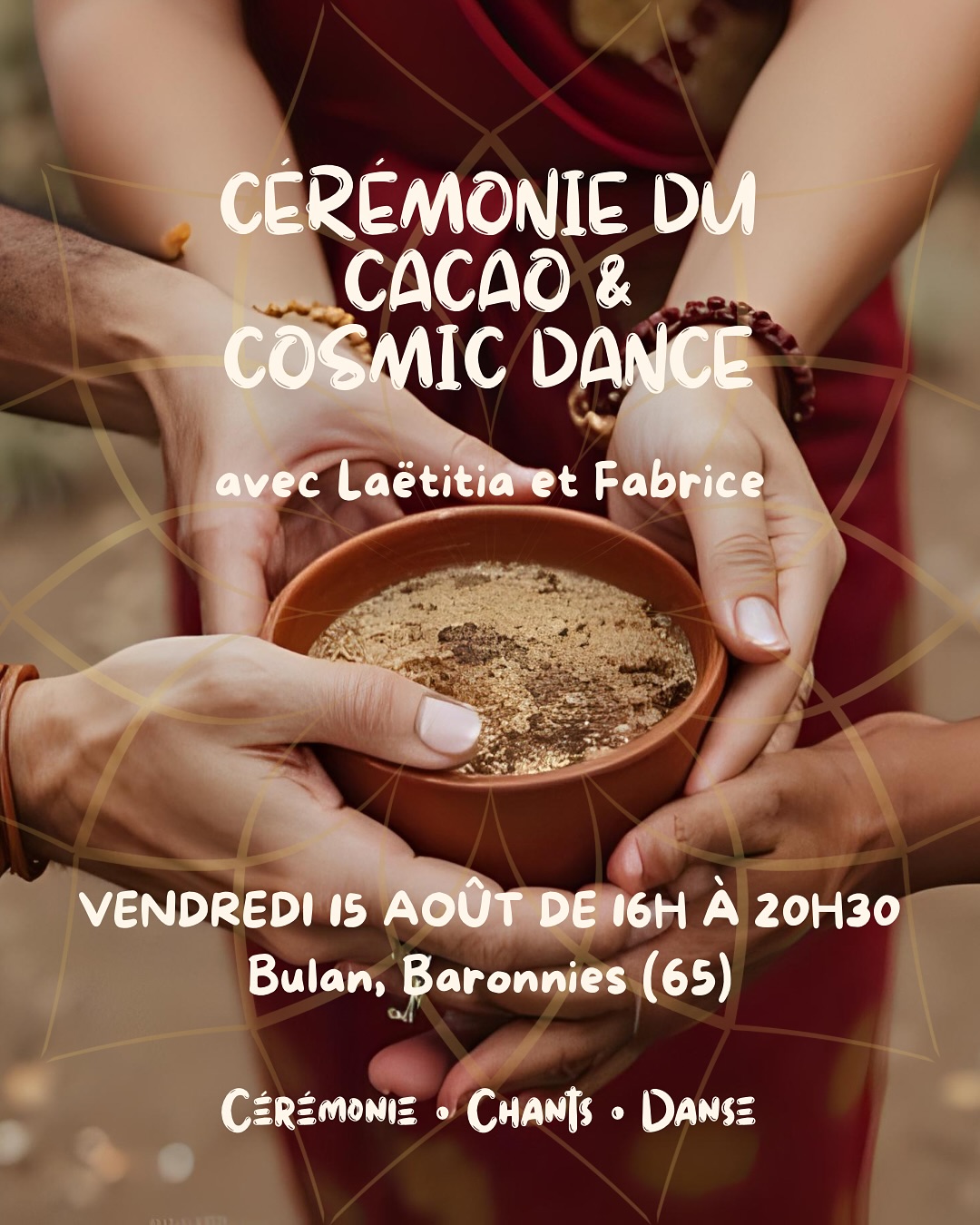✨ Cérémonie du Cacao & Cosmic dance ✨
Vous m’en avez demandé une autre avant la rentrée… alors la voilà. Une belle cérémonie à venir, co-organisée avec @fab_musik_dj_biodanza_ 🤎
——
Nous t’invitons à un profond voyage, guidé par l’énergie sacrée du cacao et la liberté de la danse.
🍫 Le cacao cérémoniel, plante médecine ancestrale, ouvre le cœur et facilite l’écoute intérieure. Il nous invite à plus de présence, d’intuition, de clarté.
💫 Cosmic Dance
Une exploration du mouvement libre, au-delà de la forme, au-delà du mental. Tu es invité·e à entrer dans un état de transe douce et consciente. Il n’y a pas de plus grande liberté que de danser avec le cœur ouvert. Dans cette danse, nous “mourrons” symboliquement pour renaître plus vivant·es, plus connecté·es à nous-mêmes et au monde sensible.
🌀 Ensemble, ces deux pratiques se complètent parfaitement :
Le cacao prépare le terrain intérieur, la danse permet l’intégration par le corps. Une alliance puissante pour relier cœur, corps et esprit.
Infos pratiques :
Bulan, dans les Baronnies
Vendredi 15 août, 16h à 20h30
35 € (acompte 10 € - le reste sur place)
À prévoir : vêtements confortables, tapis ou coussin, gourde d’eau, carnet
🌱 Aucun prérequis, juste l’envie d’explorer.
🫶 Viens comme tu es, avec ton énergie du moment.
Places limitées – réservation par téléphone
Laëtitia : 0666349354 / Fabrice : 0607578196
#yogapyrenees #cacaoceremony #hautespyrenees #cacaomedecine #mamacaco #baronnies65 #yogatarbes #dancemedecine #event65