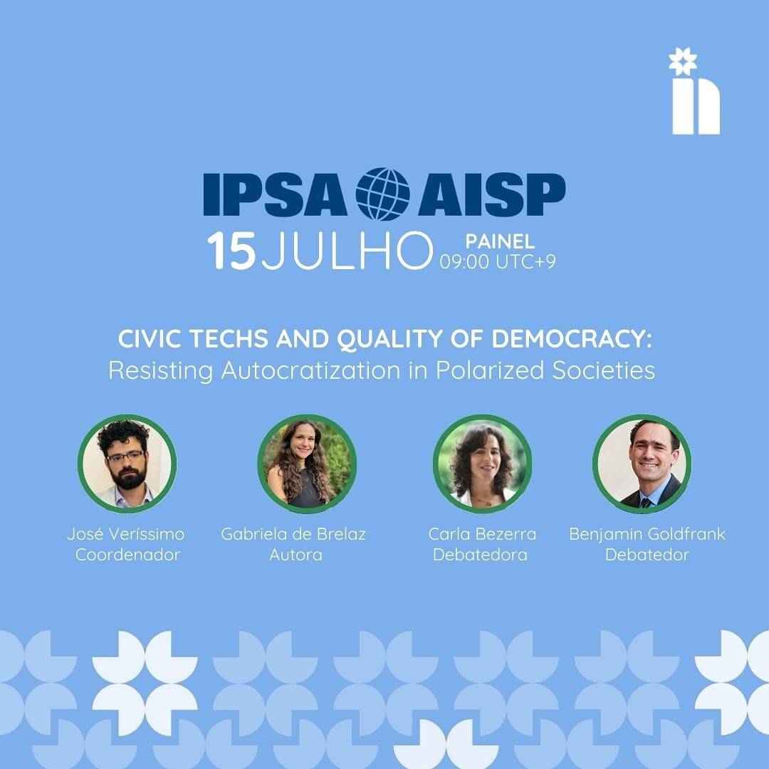 🌐 O Núcleo de Democracia e Ação Coletiva marca presença no Congresso Mundial da International Political Science Association (IPSA) 2025, em Seul. Nossos pesquisadores integram o painel “Civic Techs and Quality of Democracy: Resisting Autocratization in Polarized Societies”, que discute o papel das tecnologias cívicas no fortalecimento da democracia frente à polarização e ao avanço de tendências autoritárias. O painel será coordenado por José Veríssimo (NDAC/CEBRAP), com Gabriela de Brelaz (NDAC/CEBRAP) como autora e Carla Bezerra (NDAC/CEBRAP) como debatedora junto com Benjamin Goldfrank.
No Brasil, o painel acontece no dia 14 de julho de 2025, às 21h00.
Confira mais informações através do link nos stories.