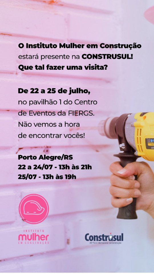 Amanhã, dia 22 de julho, começa a Construsul 2025, e nossa presença está mais do que confirmada!
Desde 2017, o Instituto Mulher em Construção (IMEC) marca presença na maior feira da construção civil do Sul do país, e claro que neste ano não será diferente!
Estaremos no Pavilhão 1, Estande A2, das 13h às 21h, com muita representatividade, inovação e histórias de transformação construídas por mulheres que fazem a diferença no setor. Quer saber mais sobre o nosso trabalho, conhecer um pouco da nossa história? Te esperamos lá!
Vem visitar a gente e conhecer de perto o que estamos construindo juntas ao longo desses 19 anos!
#IMECNaConstrusul #InstitutoMulherEmConstrução #Construsul2025 #ConstruçãoCivil #IMEC #ConstruçãoCivil #MulhereNaConstruçãoCivil #FeiraConstrusul
