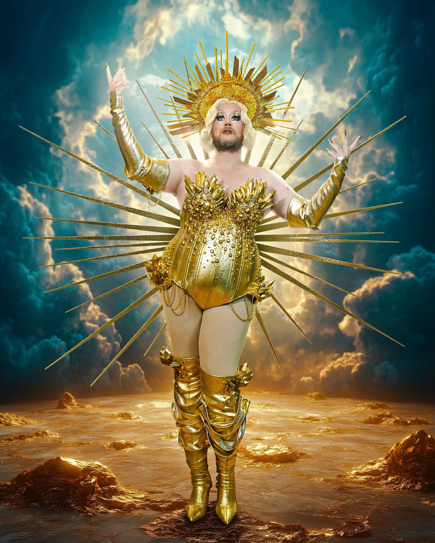 Sainte Bertha @labigbertha.paris rocked for the first episode of @dragrace_france ALL STAR 🌟 with a total gold look, mixing couture, 3D printings and embroideries ! I am in love with this super look we made for the adorable Bertha, thank you for trust in our fashion vision. ❤️✨
.
📸 by @miiightymax
Wig by @colinebourdere_hair
Thanks to my team for help @spider.danger @charles_dalloz @nawen.mp4 ❤️
.
#fashion #costume #stage #labigbertha #romainthevenin