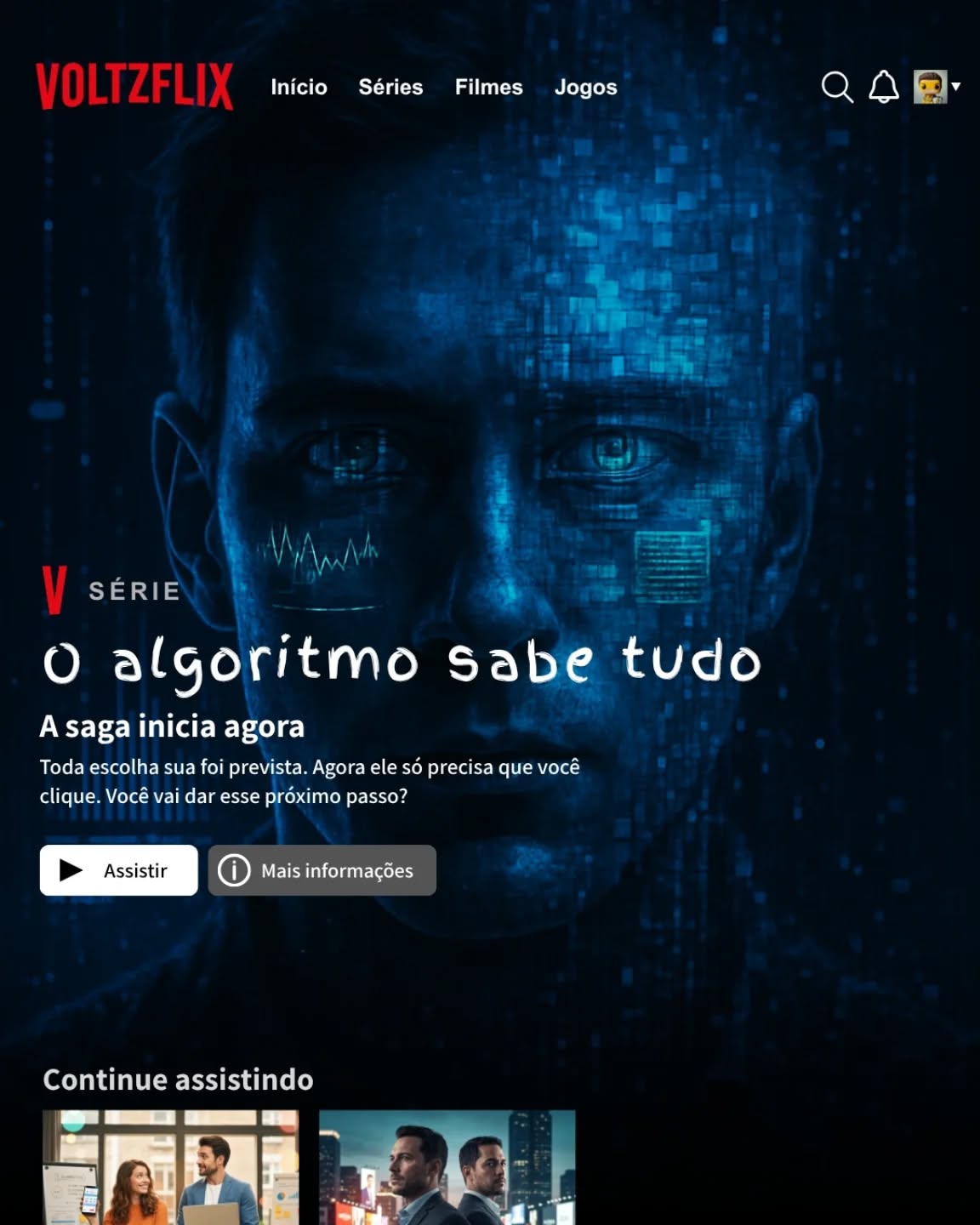 Tudo começa com um padrão.
Pequenas ações. Um clique aqui, um vídeo ali, uma busca despretensiosa… até que você percebe: nada foi aleatório. Sua rotina digital está sendo mapeada. Suas decisões? Antecipadas. Seus desejos? Previstos antes mesmo de você sentir.
Na trama, um empresário comum se dá conta de que seu negócio está afundando não por falta de esforço, mas porque estava sempre um passo atrás. O algoritmo sabia tudo. Toda escolha sua foi prevista. Agora ele só precisa que você clique. Você vai dar esse próximo passo?
É nesse ponto que entra a Voltz. Especialista em tráfego pago, análise de comportamento e leitura estratégica de dados, ela vira o jogo a favor dos negócios. A máquina continua rodando — mas agora, sob o seu controle.
Descubra o poder de ter a Voltz ao seu lado. Agende uma consultoria gratuita e comece a escrever um novo roteiro para sua empresa.