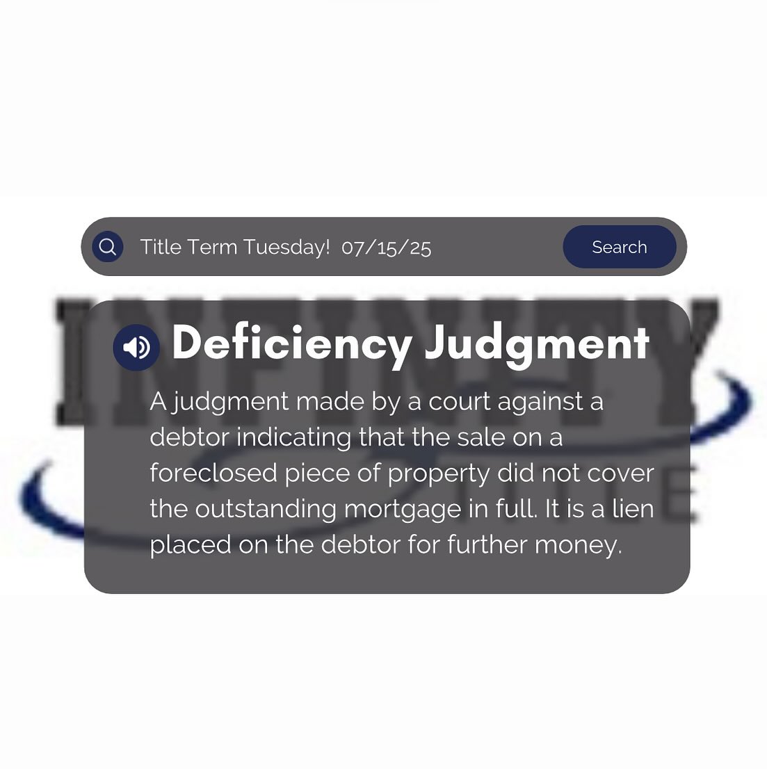 It's Title Term Tuesday !! This week's term is Deficiency Judgment - A judgment made by a court against a debtor indicating that the sale on a foreclosed piece of property did not cover the outstanding mortgage in full. It is a lien placed on the debtor for further money.