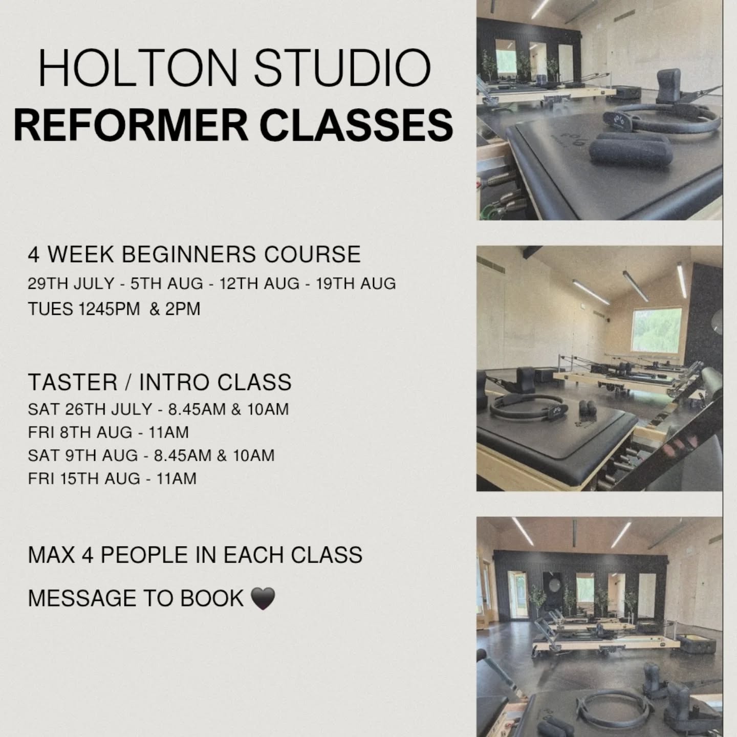 REFORMER CLASSES ARE HERE 🙌
So excited to be starting these at @holtonstudio!
This is the current summer timetable. Different days/times will be available in September so don't worry if you can't make this one. Please swipe across for pricing and cancellation policy.
Any questions just drop me a message 🖤