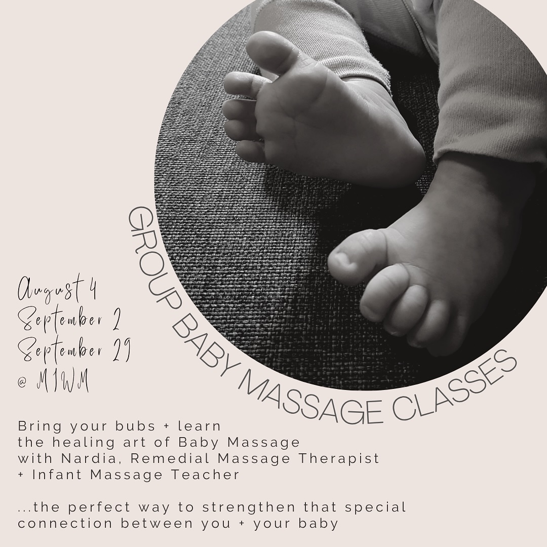 Bring your bub + join me @maternalandinfantwellbeingmelb for a
Group Baby Massage Class!
I’m Nardia, a Certified Infant Massage Teacher (CIMT) and Remedial Massage Therapist.
I demonstrate the techniques as well as guiding and teaching parents/ carers the healing art of infant massage with their babies, empowering them to grow and nurture their loving relationship.
Classes run for 45min, suitable for parents/carers + their babies 3 weeks to 12 months old.
You will receive a digital Infant Massage handout plus a 50ml bottle of Organic Sunflower Massage Oil… safe for bubs!
Cost: $45
Time: 11.30am -12.15pm
Dates: Mon Aug 4
Tue Sept 2
Mon Sept 29
Location: MIWM. Lvl 6, 369 Royal Pde. Parkville, Vic
Book now by sending me a DM or call @maternalandinfantwellbeingmelb 03 8652 7222