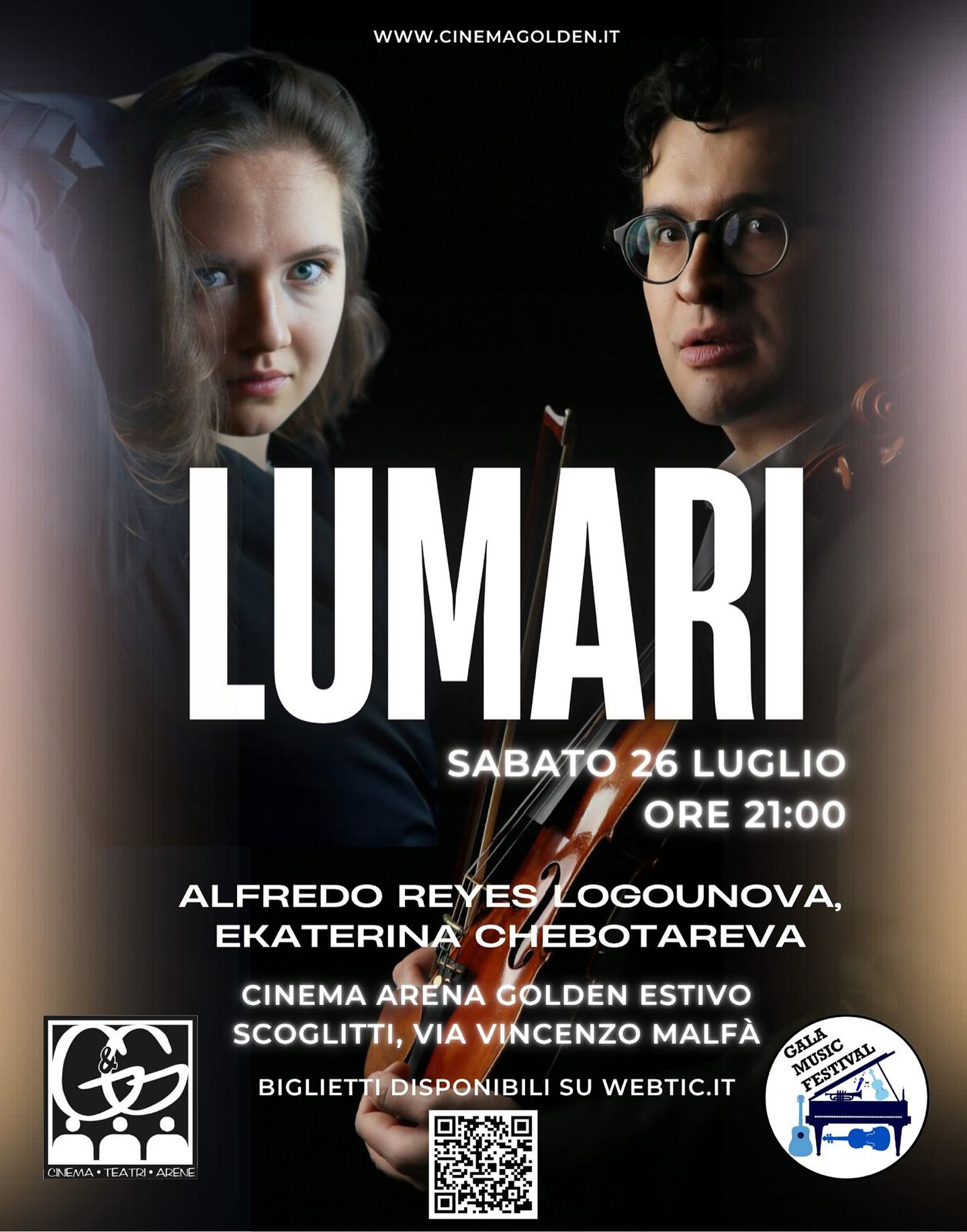 LUMARI: UN’ESPERIENZA ESCLUSIVA SOTTO LE STELLE DI SCOGLITTI
Sabato 26 luglio, ore 21:00 – un evento che parla da sé.
Nel cuore dell’estate siciliana, il Gala Music Festival e il Multisala Golden presentano un concerto da non perdere all’Arena Golden Estivo: “Lumari”, la grande musica classica nella sua forma più luminosa.
🎹 Ekaterina Chebotareva – pianista russa acclamata in tutta Europa per il suo suono potente, elegante e poetico
🎻 Alfredo Reyes Logounova – violinista messicano di fama internazionale, membro della London Symphony Orchestra
Due carriere straordinarie, un’unica serata.
Un programma intenso e raffinato, capace di emozionare e coinvolgere anche i più giovani: un concerto che unisce talento, prestigio e passione.
📍 Arena Golden Estivo, via Vincenzo Malfà – Scoglitti
🗓 Sabato 26 luglio, ore 21:00
🎟 Biglietti su webtic.it
🌐 Info: www.cinemagolden.it
Ringraziamo con orgoglio Diego Melfi, direttore artistico del Gala Music Festival, per la visione e la direzione impeccabile di un progetto che porta la grande musica in luoghi speciali.
Un evento per chi ama la cultura, la bellezza, l’emozione.
Non mancate. LUMARI vi aspetta.
#lumari2025 #galamusicfestival #musicasottolestelle #concertodaviaggio #scoglitti #siciliaculturale #eventiesclusivi #alfredoreyeslogounova #ekaterinachebotareva #londonsymphonyorchestra #classicalmusiclovers #estateinmusica #violinopianoforte #eventisicilia #concertodaclassica #arteinmovimento