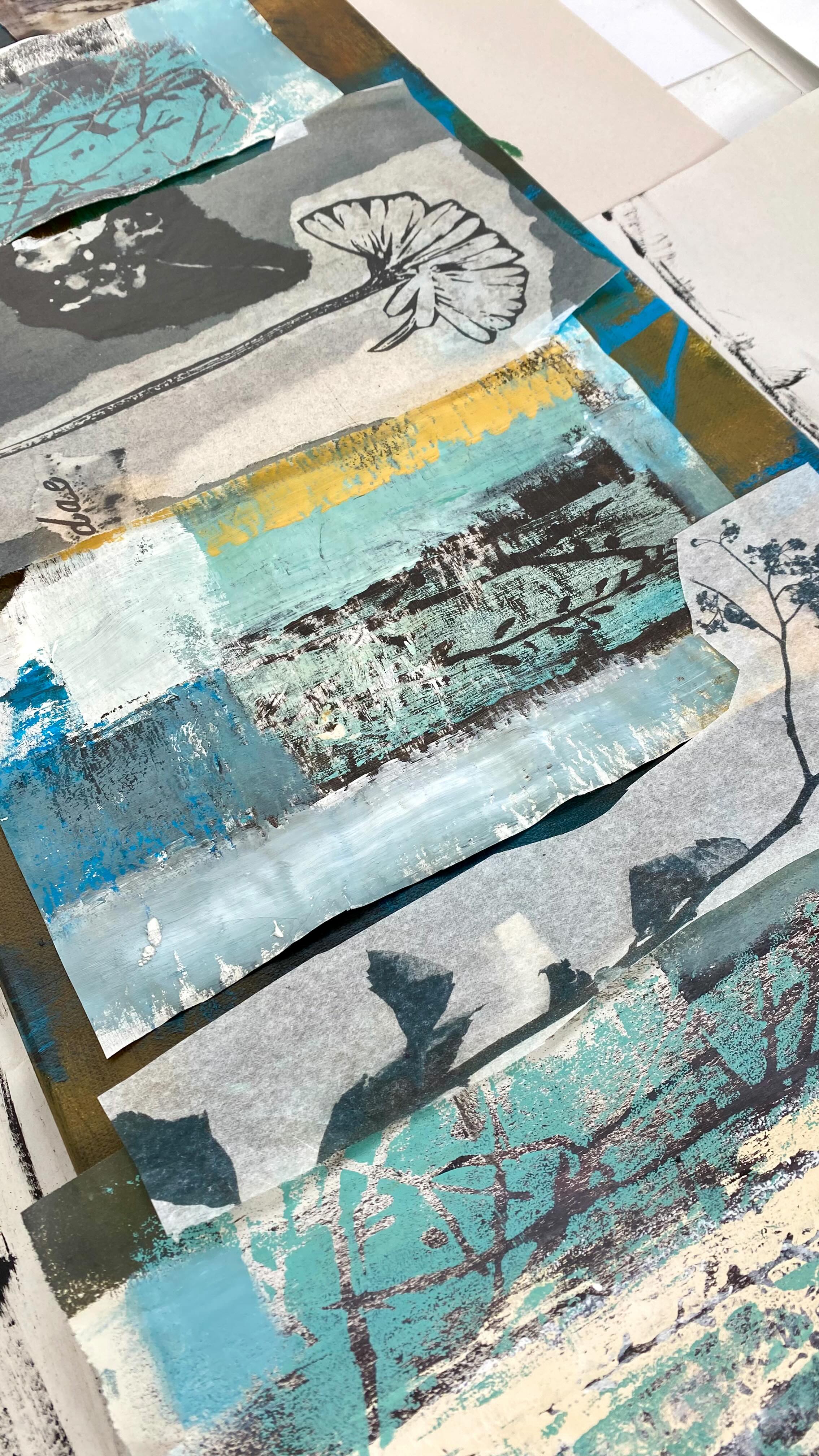 I wanted a bit of drama!
But it felt alien to me to start off with black gesso and darker colours for an under painting.
However I went with it and after the first textured papers and layers were adhered it felt more under control!
I enjoyed the familiarity of seeing the stronger colours emerge from through the wet strength tissue paper.
You just have to take a deep breath, stop procrastinating and have the courage of your convictions right??
Now the key components are in place I will start to analyse and consider the design and see if it’s making connections.
Sometimes it actually feels good to be out of your comfort zone dont you think?