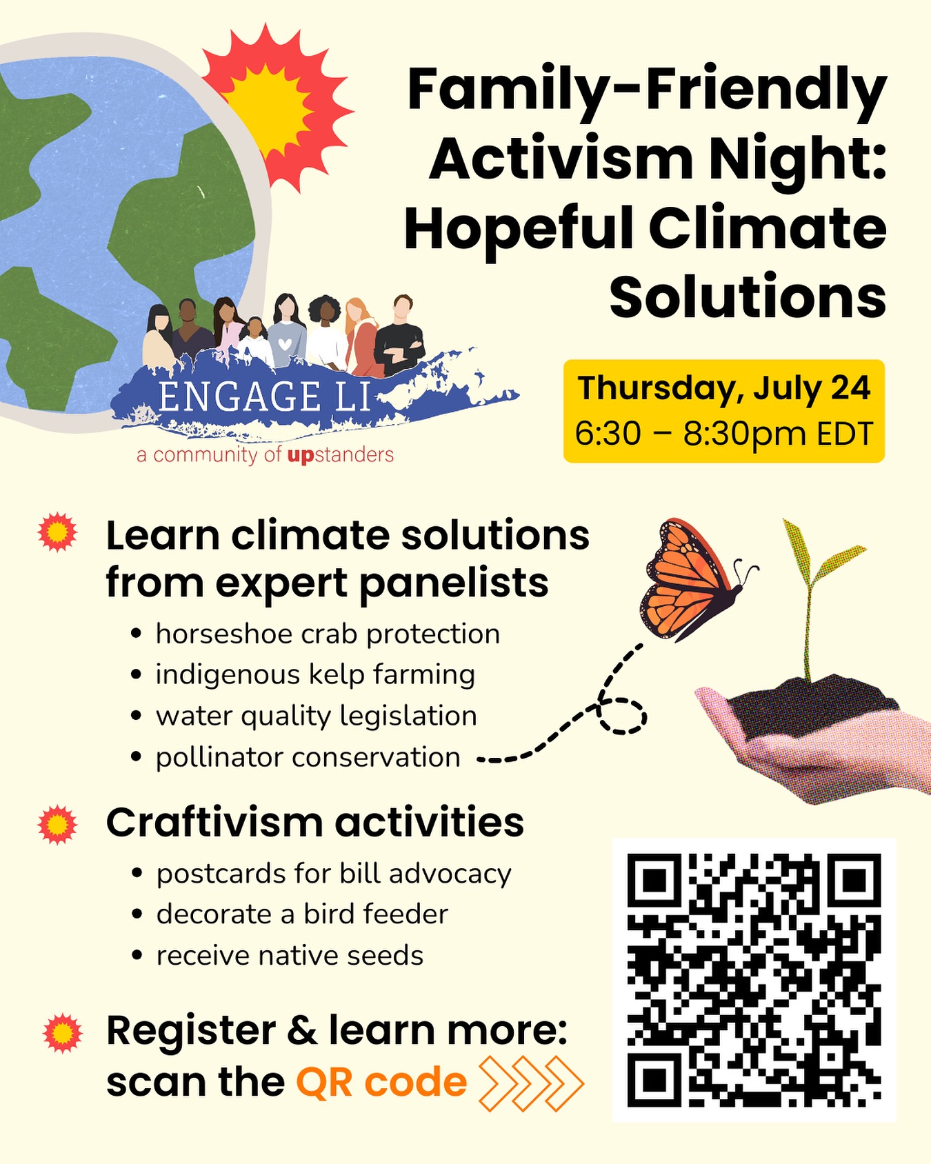 ☀️ Join us on Thursday, July 24 with @engagelongisland at 6:30pm to learn about inspiring climate solutions happening on Long Island at @socialplayhaus! 🎨🌱 Discover local efforts in making a difference and take action with impactful, hands-on crafting and planting.
🦋 Learn more and register by scanning the QR Code or visiting https://www.mobilize.us/engagelongisland/event/809575/
@assemblywoman_kassay4
@shinnecockkelpfarmers
@citizensenviro
#monarchsmatter #engagelongisland #longisland #familyfriendly #communityworkshop #climatesolutions #craftivism #biodiversityconservation #waterprotection #climatechange #pollinators #nativeplants #environmentalpolicy