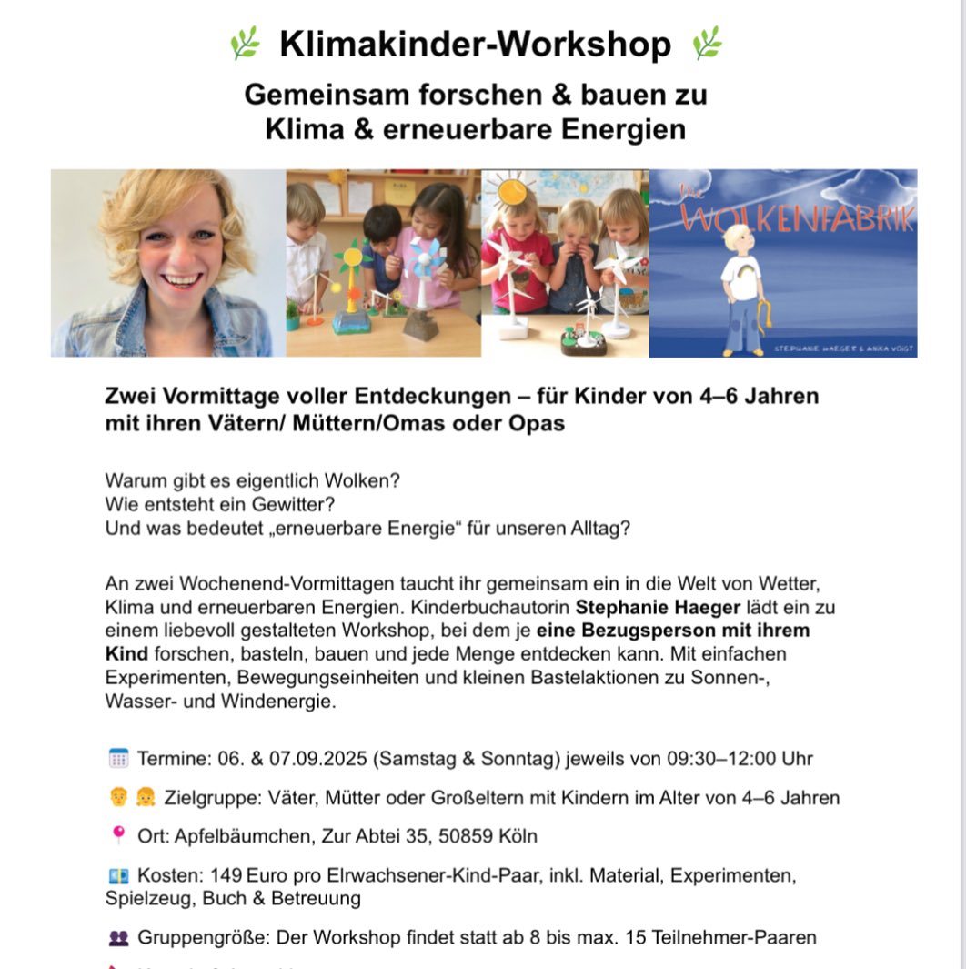 Aufgepasst! Am 06 und 07 September könnt ihr Klimaforscher werden. Gemeinsam mit eurem Lieblingserwachsenen erleben wir zwei Vormittage voller Bewegung, Experimenten und Geschichtenzeit. Wir finden raus, wo die Wolken her kommen und wie erneuerbare Energien funktionieren. Für eure Anmeldung jetzt eine PN an mich. Ich freue mich auf euch!