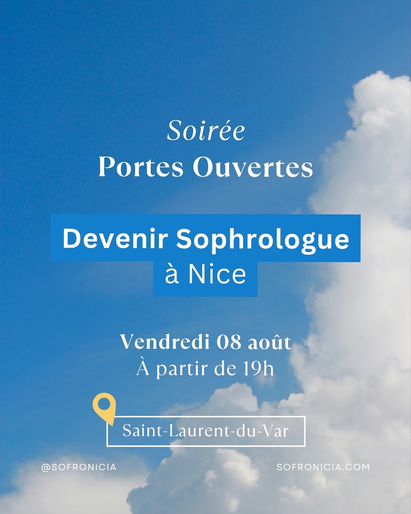Vous souhaitez découvrir notre école et notre formation pour devenir sophrologue à Nice ? Rejoignez-nous pour une soirée portes ouvertes, le vendredi 08 août à partir de 19h dans nos locaux à Saint-Laurent-du-Var !
📅 Vendredi 08 août
🕖 À partir de 19h
📍 École Sofronicia, 40 boulevard Jean Ossola, Saint-Laurent-du-Var
💬 Événement gratuit et ouvert à tous
Ne manquez pas cette occasion unique de découvrir notre école et les dessous d’une nouvelle carrière passionnante.
Inscrivez-vous dès maintenant !
🔶 Inscription obligatoire, places limitées 🔶
📧 ecole@sofronicia.com
📞 06 84 70 51 29
🖥️ www.sofronicia.com
#sofronicia #formationsophrologie #sophrologienice #sophrologiecaycedienne #devenirsophrologue #devenirsophrologuenice #sophrologiepaca #sophro #formationsophrologue #sophrologie #sophrologue