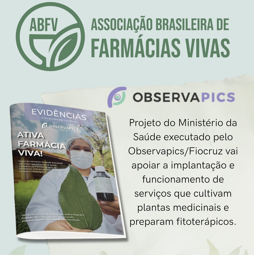 É com alegria que compartilhamos este importante trabalho do ObservaPics/FioCruz em conjunto com o Ministério da Saúde/FitoDAF.
.
Nesta edição do Boletim de Evidências, o Observa traz importantes avanços no mapeamento e na implantação dos serviços de fitoterapia no SUS. A edição ainda traz uma entrevista com o consultor do Ministério da Saúde e associado da ABFV @victordoneida 😃🌱
.
Acesse o site do ObservaPics e leia as matérias na íntegra!! @observapicsfiocruz
https://observapics.fiocruz.br/produtos/boletim/observatorio-executa-projeto-do-ms-de-apoio-a-farmacias-vivas/
.
Link está na nossa BIO 😃✅
.
#farmaciaviva #abfv #fitoterapia #sus #pics #observapics #ministeriodasaude #associacaobrasileiradefarmaciasvivas #plantasmedicinais