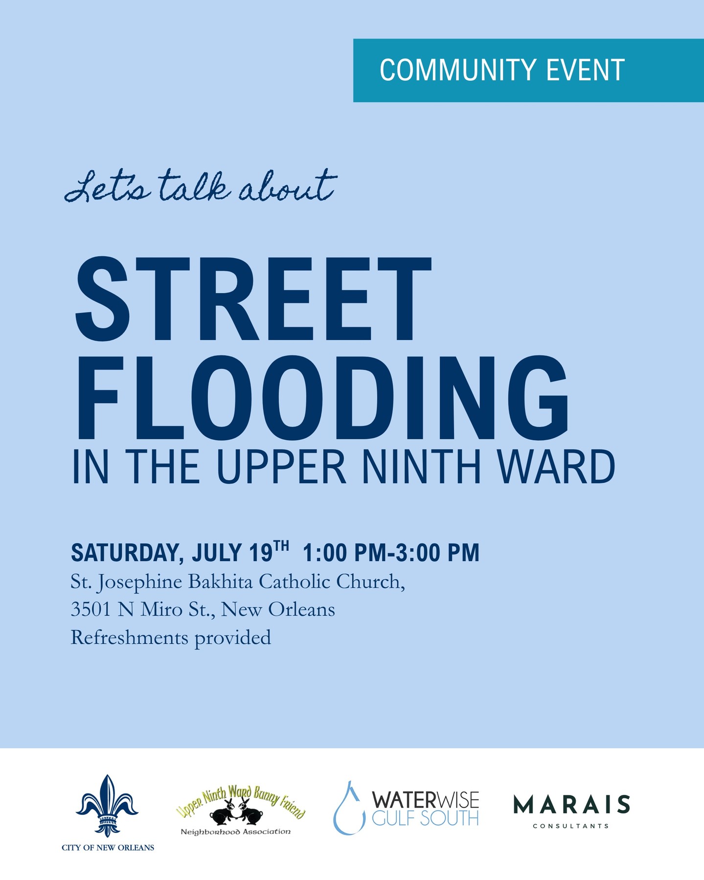⭐Community Meeting⭐ - Join us this Saturday for a discussion on flooding in the Upper Ninth Ward alongside @waterwisegulfsouth, @resilient_nola, and the Upper Ninth Ward Bunny Friend Neighborhood Association.
#drainage #streetflooding #greeninfrastructure #communitymeeting