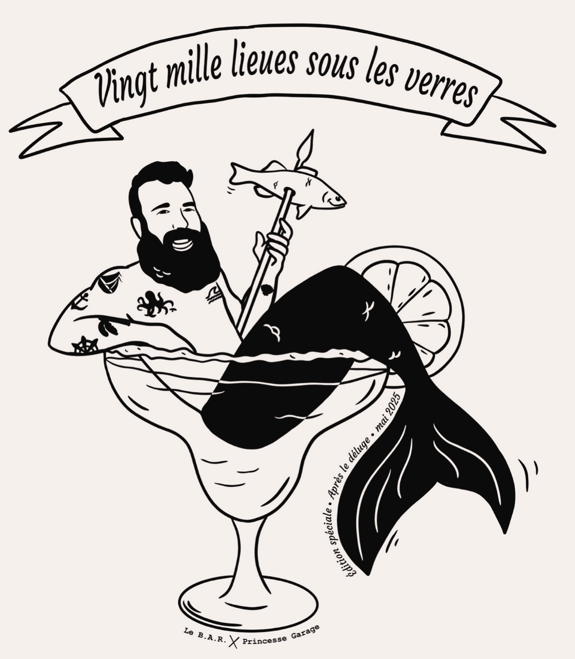 T’as vu les tee-shirts de la réouverture du @le_b.a.r ?
Pour celleux qui n’ont pas la réf’ le B.A.R a du fermer de long mois en raison d’une sacrée inondation cet hiver, alors pour la réouverture au printemps j’ai croqué Antoine (El tenancier) en triton dans son verre à cocktail préf’ harponnant un bar… le poisson… c’est bon tu l’as ? 😉
Bref, c’est notre 4eme collab’ de tee-shirts et encore une fois, Antoine m’a laissé carte blanche pour faire mes bêtises et ça c’est trop chouette merci tellement ♥️
Hâte de voir ce que va donner la suite 😉
🐟🍸👑
Et pour info, je crois qu’il n’en reste plus …
#princessegarage #cocktail #sirene #mermaid #triton #cocktail #teeshirt #serigraphieartisanale #handprint