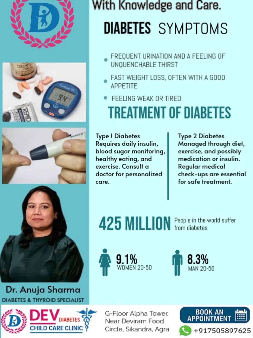 🩺 Diabetes Care Starts with Awareness!
Living with Type 1 or Type 2 diabetes? The first step to better health is consulting a qualified doctor. Don’t leave it to chance—get personalized diabetes care and take control today.
If you're in Agra, visit us for expert care and guidance.
📍 DEV Diabetes & Child Care Clinic
📍 G-Floor, Alpha Tower, Near Deviram Food Circle, Sikandra, Agra
📱 WhatsApp: +91 75058 97625
🌐 Website: www.devchildcareclinic.com
Stay informed. Stay healthy. 🩸💙
#DiabetesAwareness #AgraHealth #DiabetesCare #ConsultYourDoctor #Type1Diabetes #Type2Diabetes #HealthyAgra #KnowYourSugar #FightDiabetes #DevClinicAgra