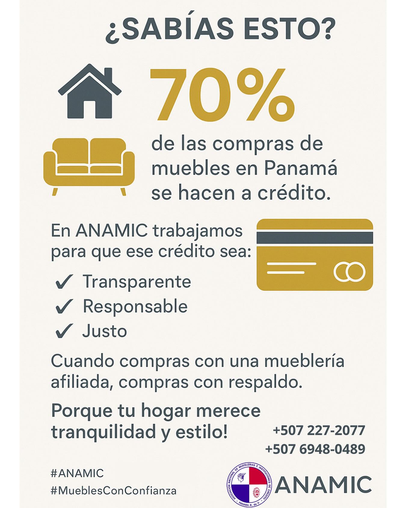 🧐 ¿Sabías que el 70% de las compras de muebles en Panamá se hacen a crédito?
Con ANAMIC, lo haces con respaldo, claridad y crédito justo.
✅ Transparente
✅ Responsable
✅ Justo
¿Dudas sobre crédito responsable?
Escríbenos al 6948-0489 o llámanos al 227-2077
📍 ANAMIC, tu respaldo confiable.
Porque tu hogar merece tranquilidad y estilo.
#CreditoJusto #MueblesConConfianza #ANAMIC #TransformaTuHogar