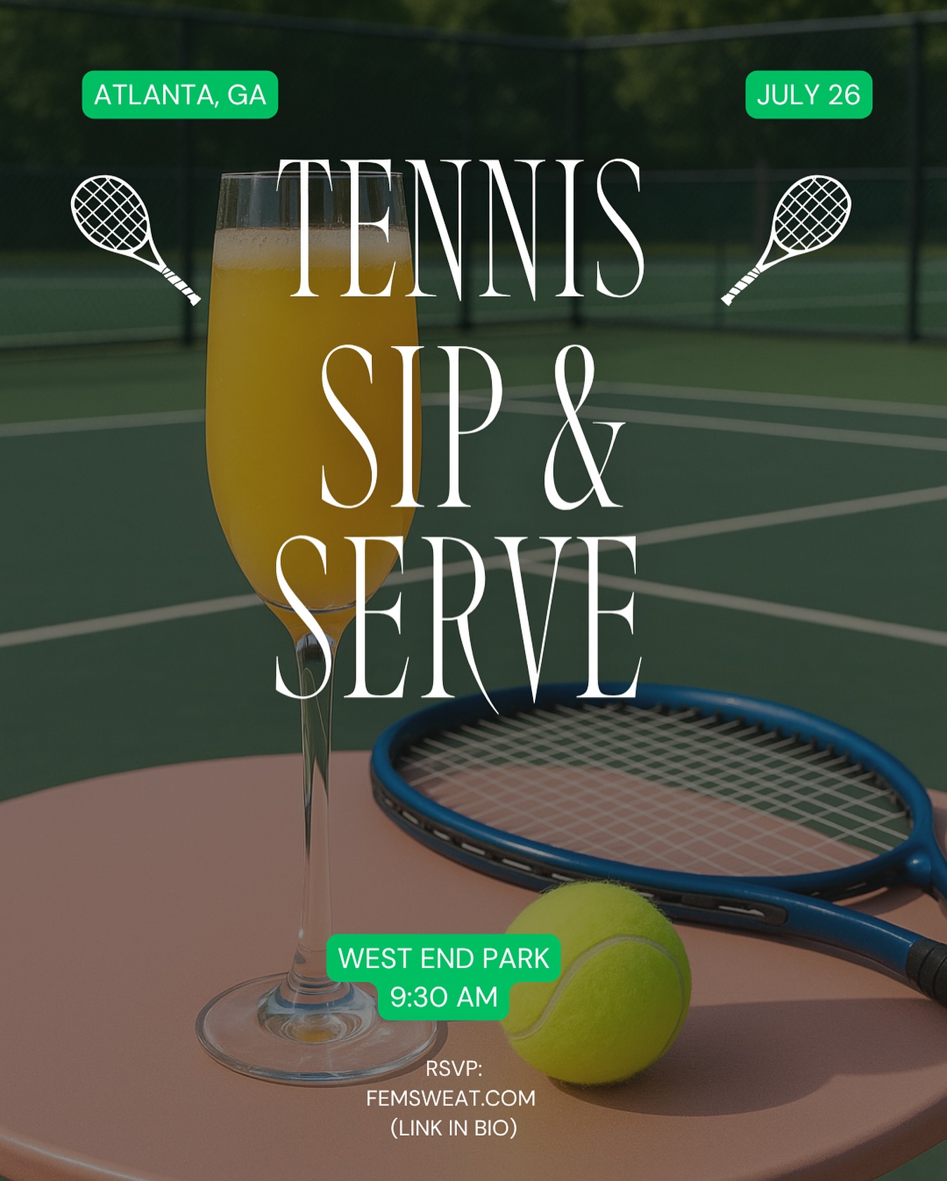 This Saturday we’re in ATL with Sip & Serve ! Beginner friendly tennis lessons. Kickstart your weekend with us for beginner friendly tennis, vibes, and mimosas after. Comment ‘🎾’ for more info and receive an exclusive code off your tickets.
#atltennis #atlwellness #atlfit #atltennisslessons #atlfitfam #atlfitness