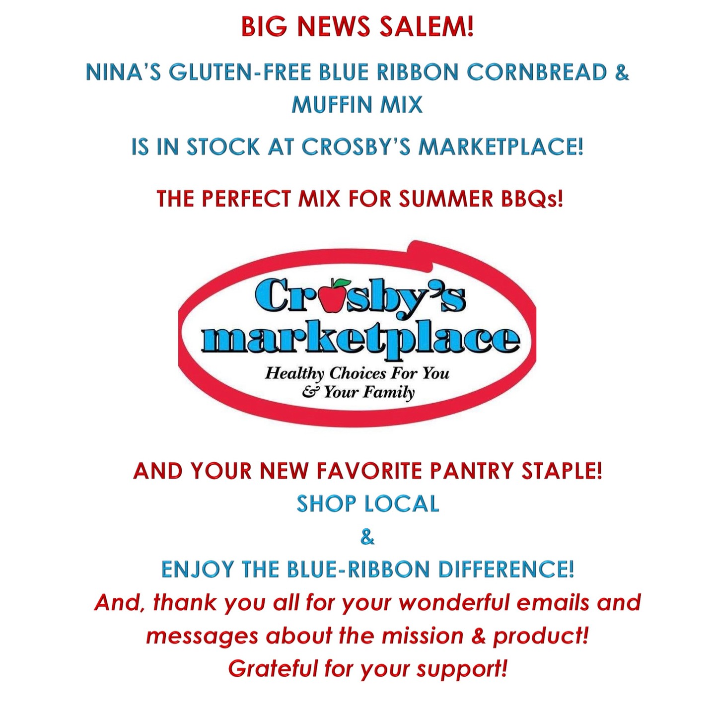 Hello Salem! My Nina's Gluten-Free Cornbread & Muffin Mix is back in stock! I am excited to have partnered with Crosby's Marketplace and so grateful for you and your support of my Blue-Ribbon Gluten-Free Cornbread! I will keep you updated as it moves to additional Crosby's locations! #salemma #salemmass #salemmassachusetts #crosbysmarketplace #northshorema #glutenfreegoodness #cornbread #glutenfreecornbread #celiac #celiacdisease #wickedglutenfree