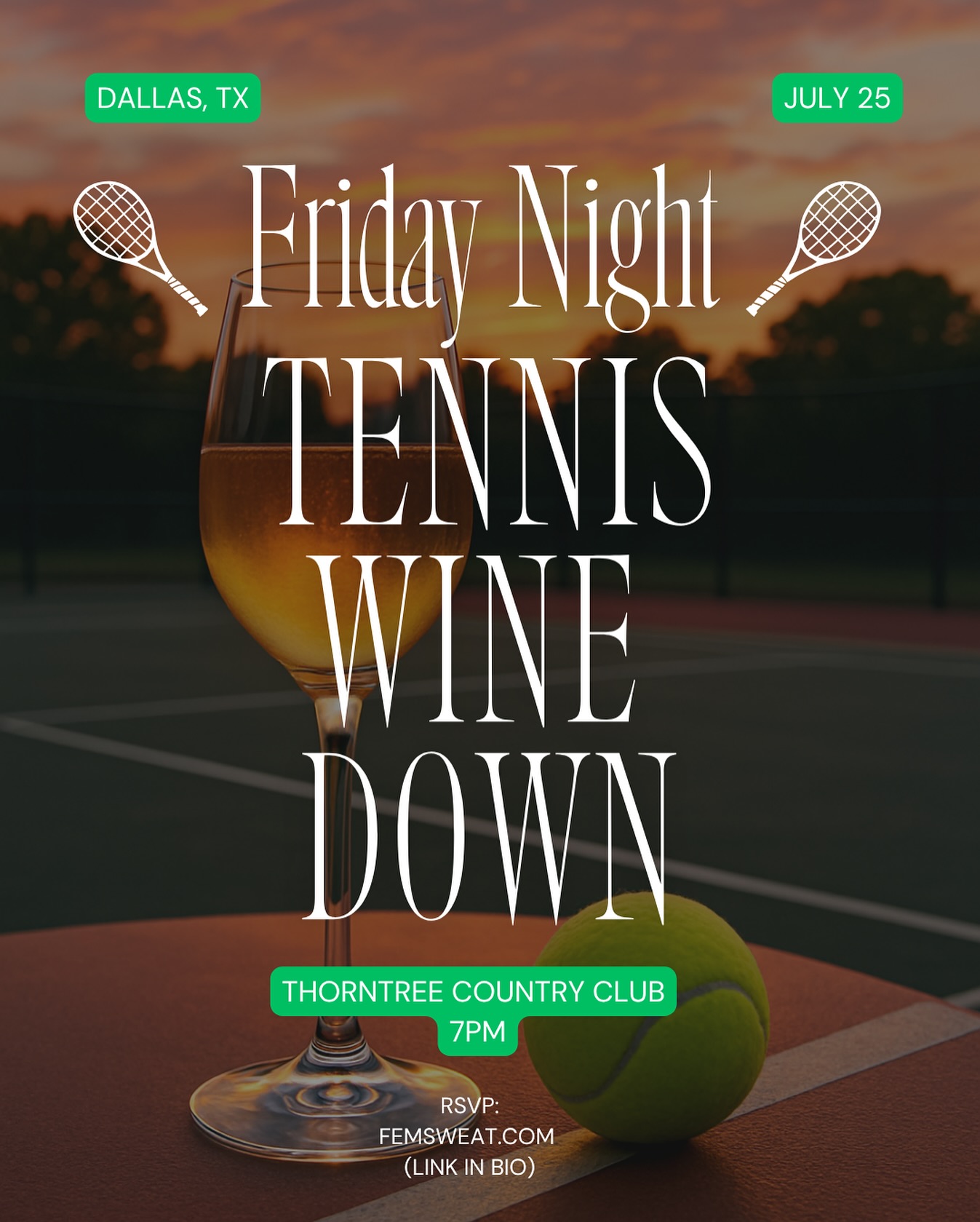 This Friday, we’re winding down with tennis, vibes, and 🍷. Start your weekend with us. To learn more comment ‘🎾’ for more info to be sent to you, along with an exclusive code off tickets.