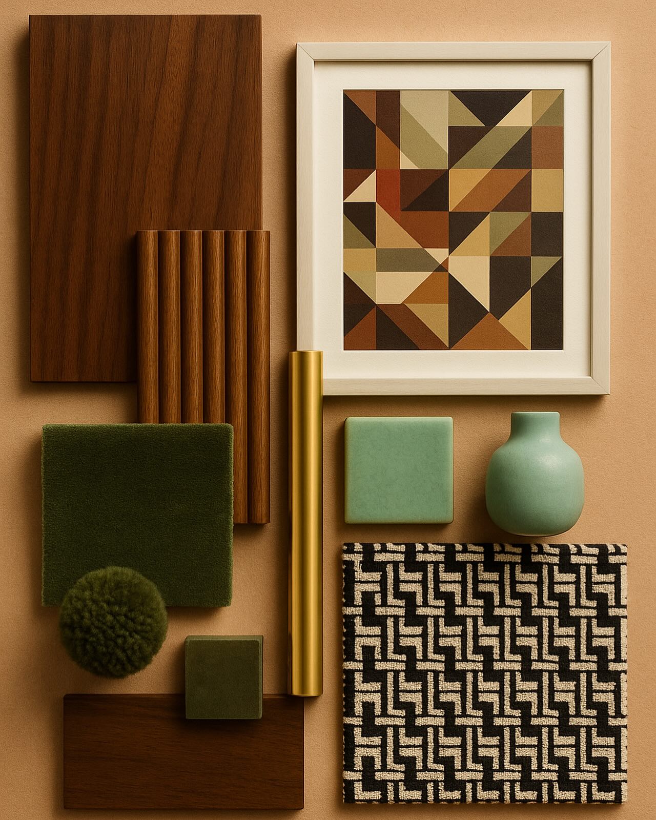 deinWunschraum-Interior-Tipp💡
Mix aus Walnussholz, Messing und Moosgrün bringt echten Midcentury-Flair!
Setze auf klare Formen, grafische Muster und samtige Texturen für einen warmen, stilvollen Look mit Retro-Charme.
Gefallen dir die Materialien? 😊