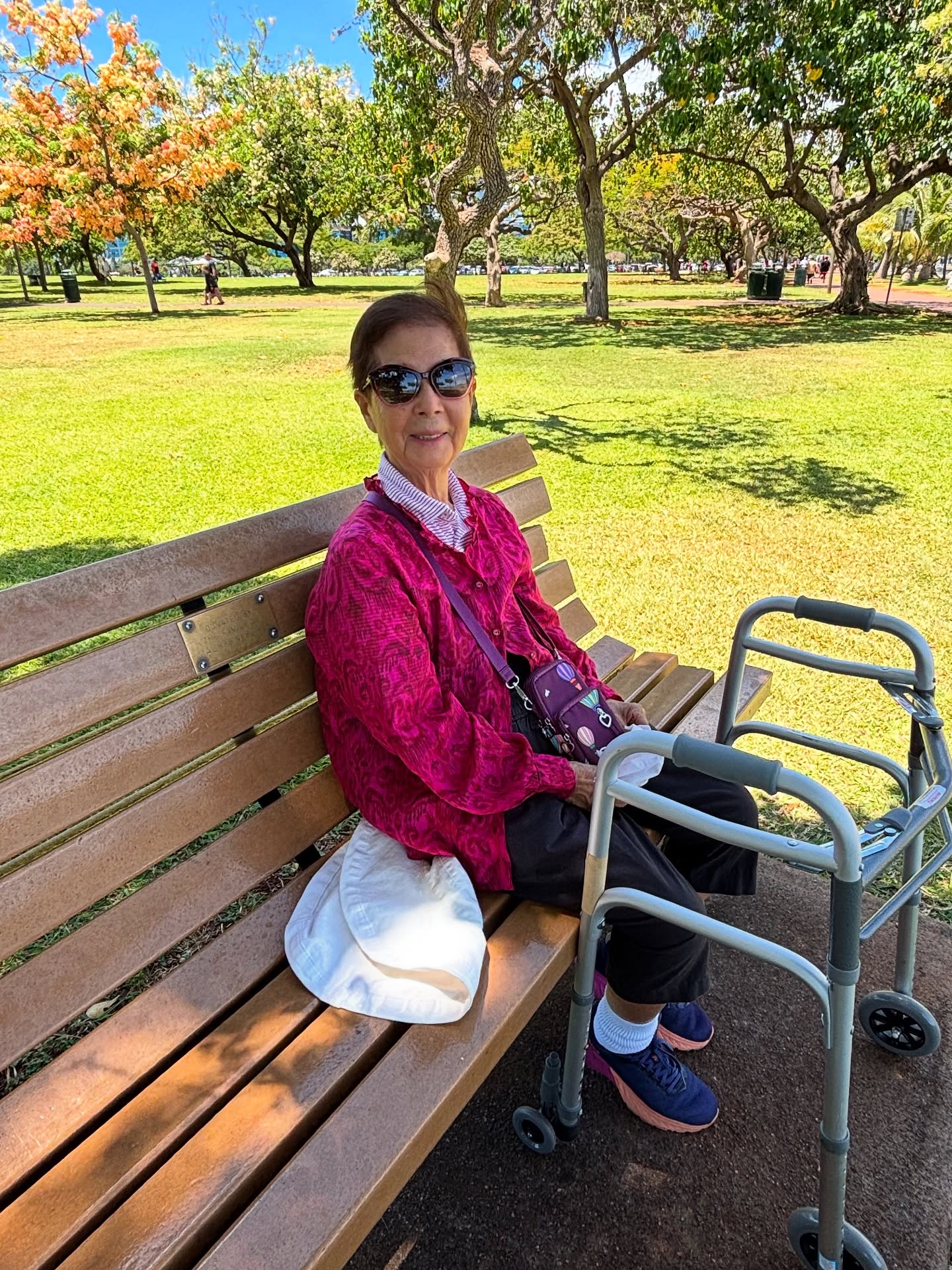 After over three weeks at a skilled nursing facility in Honolulu, my mom was discharged to go home! My parents are back at their happy place at Magic Island in Waikiki, side-by-side with their matching walkers. She still has to wear her back brace for a while, but she is moving slowly and enjoying the sun.
Thank you for all of your prayers!