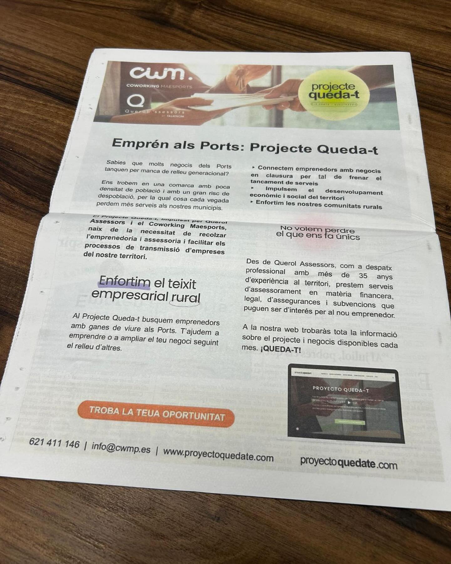 🏠 Impulsamos el Proyecto Queda-T desde @querolassessors & @coworkingmaesports
Desde @querolassessors y @coworkingmaesports impulsamos el Proyecto Queda-T, una iniciativa que pretende preservar la vida económica de las comarcas de #ElsPorts y #ElMaestrazgo, tratando de ayudar a fortalecer nuestro tejido empresarial.
Con este proyecto:
✅ Conectamos nuevos emprendedores con negocios en riesgo de cierre.
✅ Facilitamos los relevos generacionales, esenciales para evitar la pérdida de actividad en zonas rurales.
✅ Apostamos por un desarrollo económico sostenible, dando nuevas oportunidades a quienes quieren vivir y emprender en un territorio de baja densidad poblacional.
🤝Con más de 35 años de experiencia, desde @querolassessors ofrecemos asesoramiento legal, financiero y en subvenciones para que cada proyecto tenga una base sólida.
🌱 Porque el mundo rural tiene futuro. Y empieza aquí.
Descubre más en www.proyectoquedate.com
#ProyectoQuedaT #TejidoEmpresarialRural #RelevoGeneracional #QuerolAssessors #MaesportsCoworking #EmprendeEnLosPorts #QUEDATE