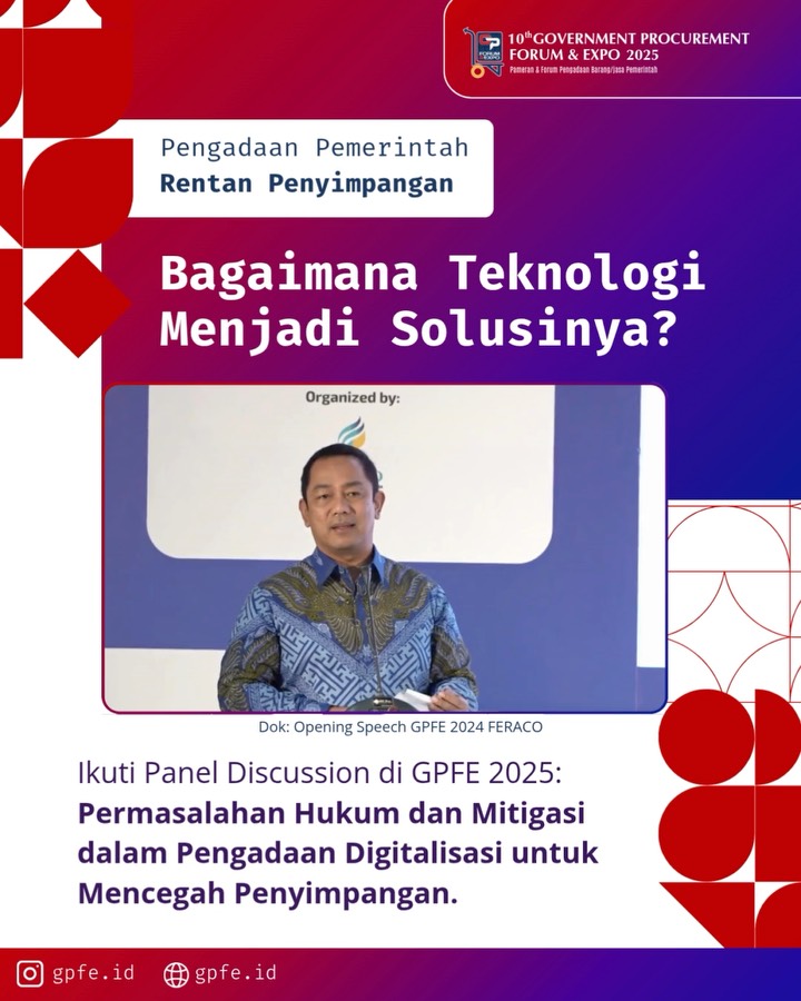 Benarkah Teknologi Bisa Jadi Jawaban atas Masalah Penyimpangan dalam Pengadaan?
Lebih dari 20% kasus korupsi di Indonesia terjadi di sektor pengadaan barang dan jasa pemerintah. Tapi tahukah kamu bahwa digitalisasi bisa jadi game changer?
Melalui e-Tendering, e-Katalog, hingga penguatan sistem pengawasan berbasis teknologi seperti blockchain dan e-Government, peluang fraud bisa ditekan secara signifikan.
Namun, teknologi bukan satu-satunya solusi. Tanpa SDM kompeten dan regulasi yang mendukung, sistem akan mandek di tengah jalan.
Ingin tahu bagaimana strategi digitalisasi pengadaan diterapkan langsung oleh instansi pemerintah dan regulator?
Temukan jawabannya di GPFE 2025:
🗓️ 23–25 Juli 2025
📍 Jogja Expo Center, Yogyakarta
Bersama para ahli dan praktisi pengadaan, kita gali lebih dalam:
✅ Best practice
✅ Tantangan real di lapangan
✅ Solusi kolaboratif pemerintah & penyedia
Sampai Jumpa di Sesi Panel Discussion pada GPFE 2025!
#GPFE2025 #PengadaanDigital #ETendering #EKatalog #eProcurement #TransparansiPengadaan #DigitalisasiPBJ #PanelDiskusiGPFE #AntiKorupsi #PengadaanBersih #egovernmentindonesia