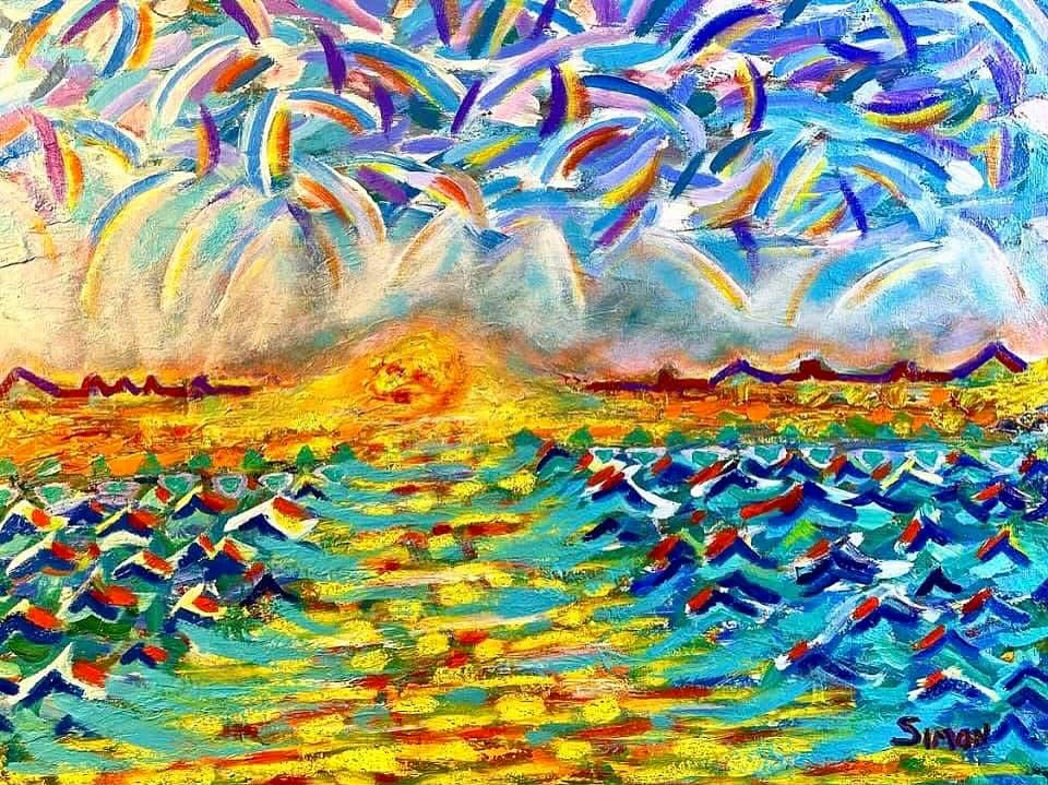 “Sunlight parts the sea at sunset in glory” 16x20” acrylic 2021
From Sebastian treasure days while diving the 1715 fleet -
Photos, then sketch, then replay of colors in my minds eye, the feel of the sea, sun & breeze-
#sunset #treasurecoast #sebastianflorida #diving #painting #impressionism #halcyon #peaceful #ınstart #garysimonci #surrealism #fauvism #ocean