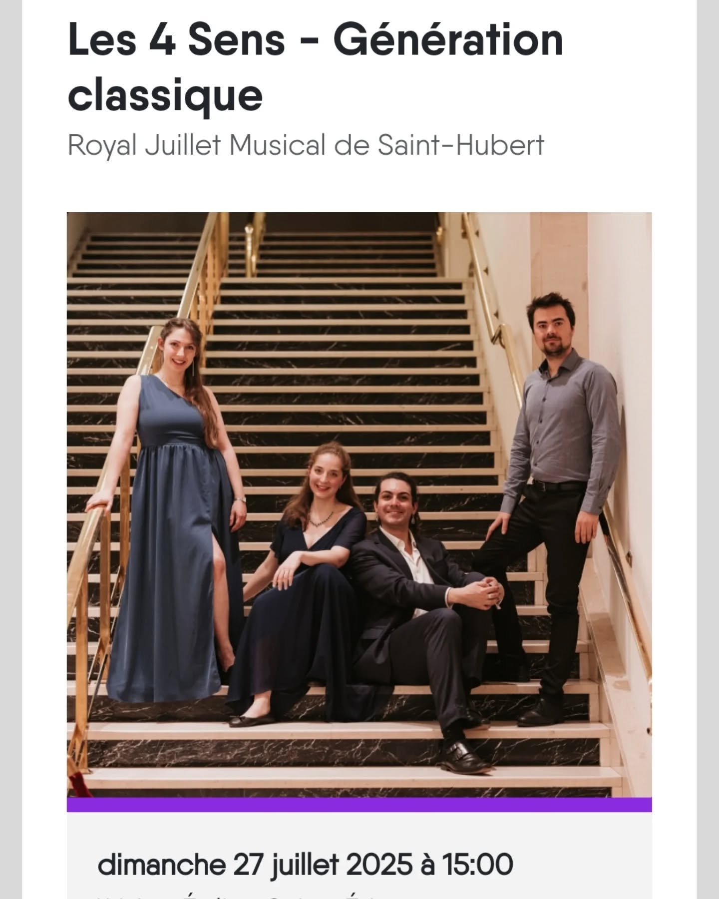 Coucou chère communauté :))
Ce dimanche 27 juillet c'est direction le Festival Royal Juillet Musical de Saint-Hubert ✨️☀️😊
On a hâte de chanter et de faire résonner l'église Saint-Étienne 😊😉
Dans le coin ou non, n'hésitez pas à venir à ce trop chouette festival ! 🎵🎶
Toutes nos dates, infos de réservation sont sur notre site internet : www.les4sens.com
Merci aux @lesfestivalsdewallonie pour leur soutien et à toutes les personnes qui rendent cela possible 🙏😊
With Music, love and hapiness by Les 4 sens
💙
#QuatuorVocal #musique #acapella #joie #sainthubert #festival #chant #amitié #vibrer #fairerésonnerl'eglise #waha