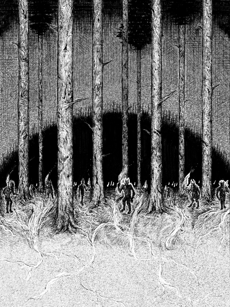 Devin Gallucci is a trans & queer comic artist, illustrator, and storyteller who enjoys exploring the boundaries between punky, sludgy postmodernism and a romantic longing for the ephemeral and sublime. The medium of comics is such a beautiful intersection of pulp authenticity, auteur spirit, and intense intimacy, for the creator and readers alike. In Gallucci’s work, they strive to capture the power of comics to create narrative experiences that vividly explore the bizarre, disturbing, empowering, and personal aspects of life. Working with traditional media, both for the satisfying tactility of working with real tools, and the grimy aesthetic output, rollerball pens, felt tip markers, brush pens, dip pens/brushes, white gouache, white-out and my custom screentone– noise patterns printed on transparency film, which is stuck to the paper with masking tape and scratched with an x-acto knife. Gallucci’s current ongoing graphic novel project Attis, is based upon the Phrygian myth of Attis, a figure whose castration and rebirth into an evergreen inspired the formation of the cult of Cybele, run by eunuch priests who dressed and lived as women. Gallucci graduated from the Minneapolis College of Art and Design with an MFA in May of 2025. Image: Attis, Page 72 - Ink, Gouache, and Screen-tone on Paper, 2024 @devingallucci Gallery Hours: Thursday-Friday 10am-5pm and Saturday-Sunday 11am-5pm