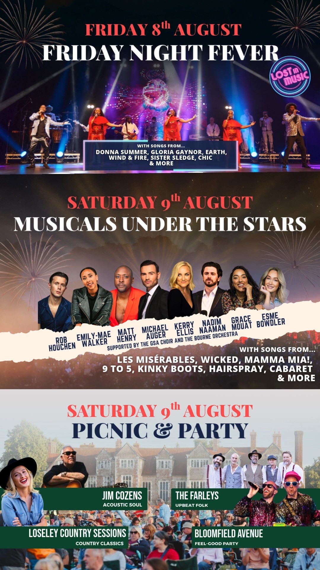 Live at Loseley brings you an event you don't want to miss this August!
🎉 Friday 8th August – Friday Night Fever
🎭 Saturday 9th August – Musicals Under the Stars
🎤 Sunday 10th August – Picnic & Party
3 incredible open air concerts. One spectacular setting.
✨ Grab your tickets now before they’re gone!
#LiveAtLoseley #LoseleyPark #SurreyEvents #GuildfordFestival #OutdoorConcertUK #MusicalTheatreLive #DiscoNightUK #CountryMusicFestival #SummerInSurrey #WhatsonSurrey #FestivalVibes #PicnicConcert #WeekendPlansUK
