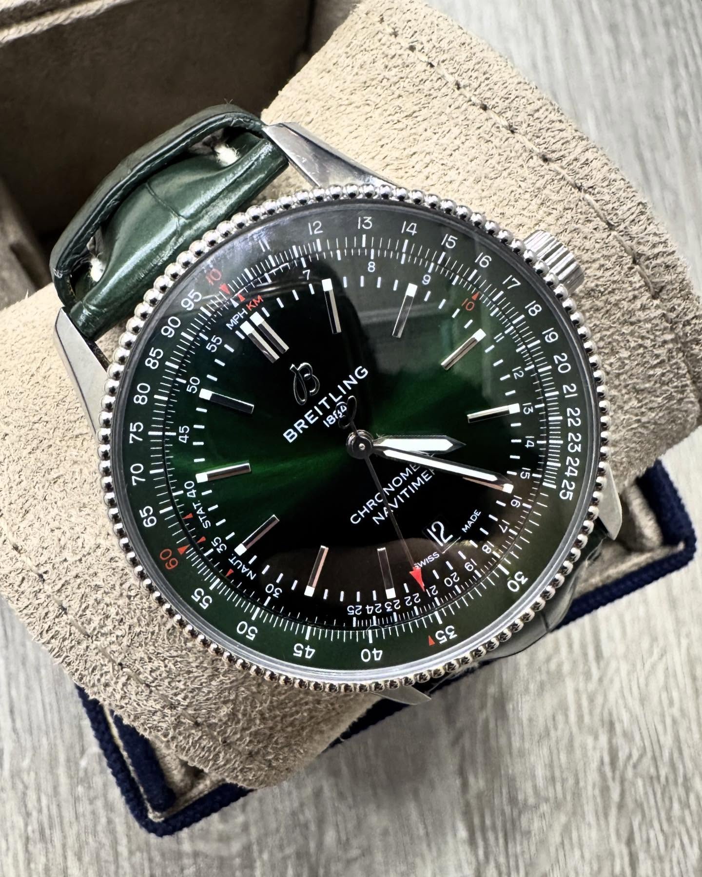 Just in a very fun green dial navitimer! This is a great watch setup coming in at 41mm and featuring an amazing green dial with matching green leather band. A super fun watch ready to be worn! Pm us or stop on by to take a closer look this one’s definitely not going to last long.
