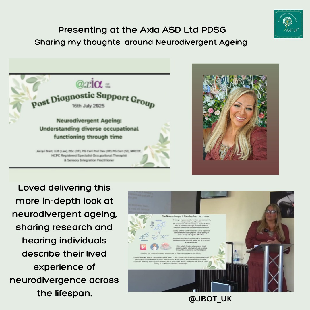 After the Liverpool Neurodiversity show, I was keen to keep the conversation focused on neurodivergent ageing.
Delivering this more in-depth presentation to the wonderful guests at the PSDG, hearing real-life struggles and strengths and being able to engage in meaningful discussion was an honour.
We need more research into neurodivergent ageing, please!
#JBOTUK #OT #Neurodiversity #Research #Autism #ADHD #Dyspraxia #NeurodivergentAgeing #RCOT #IndependentOt #AcrossTheLifespan #Sensory #Resources #Support #Occupation #LivedExperience #PostDiagnosticSupport #Hormones #Assessment #Communication #ExecutiveFunctioning #MotorSkills