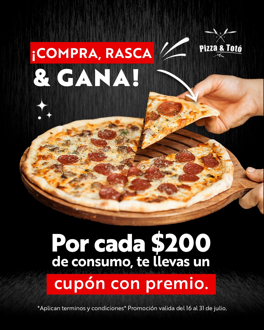 La suerte está de tu lado en Pizza & Totó. 🎁✨
¡Rasca y gana premios deliciosos!
Por cada $200 de consumo, tienes un boleto para participar. Del 16 al 31 de julio, prueba suerte y gana mientras disfrutas.
Pregunta por términos y condiciones.
.
.
.
#Foodie #DulceTentación #SaborÚnico #HealthyPizza #PizzaSinCulpa #PizzaTime #RestaurantePachuca #RestaurantePuebla