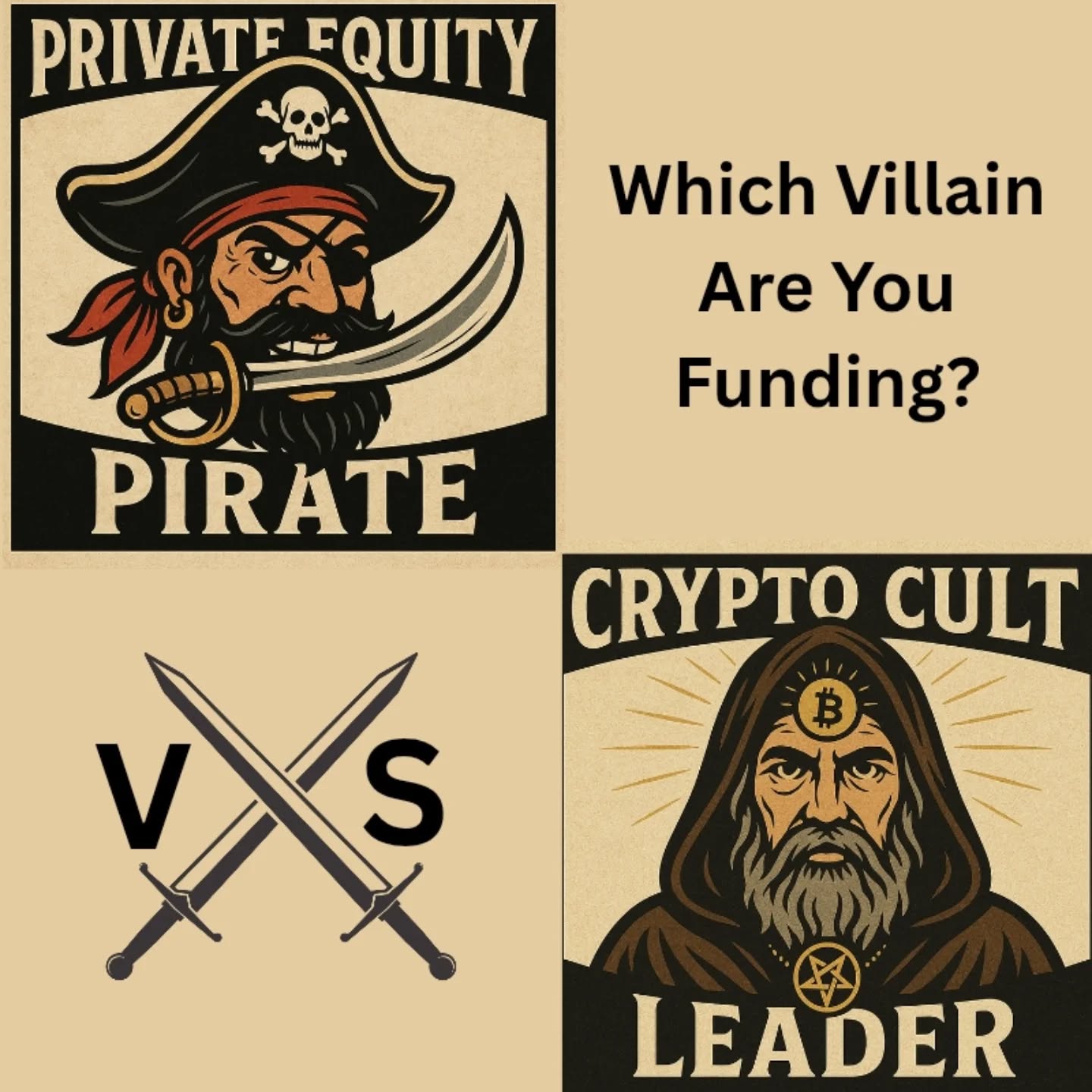 You have to back one. Who gets your alt stack?
#allocaverse #funny #comics #finance #pirates #cult #PrivateEquity #crypto #vote #poll