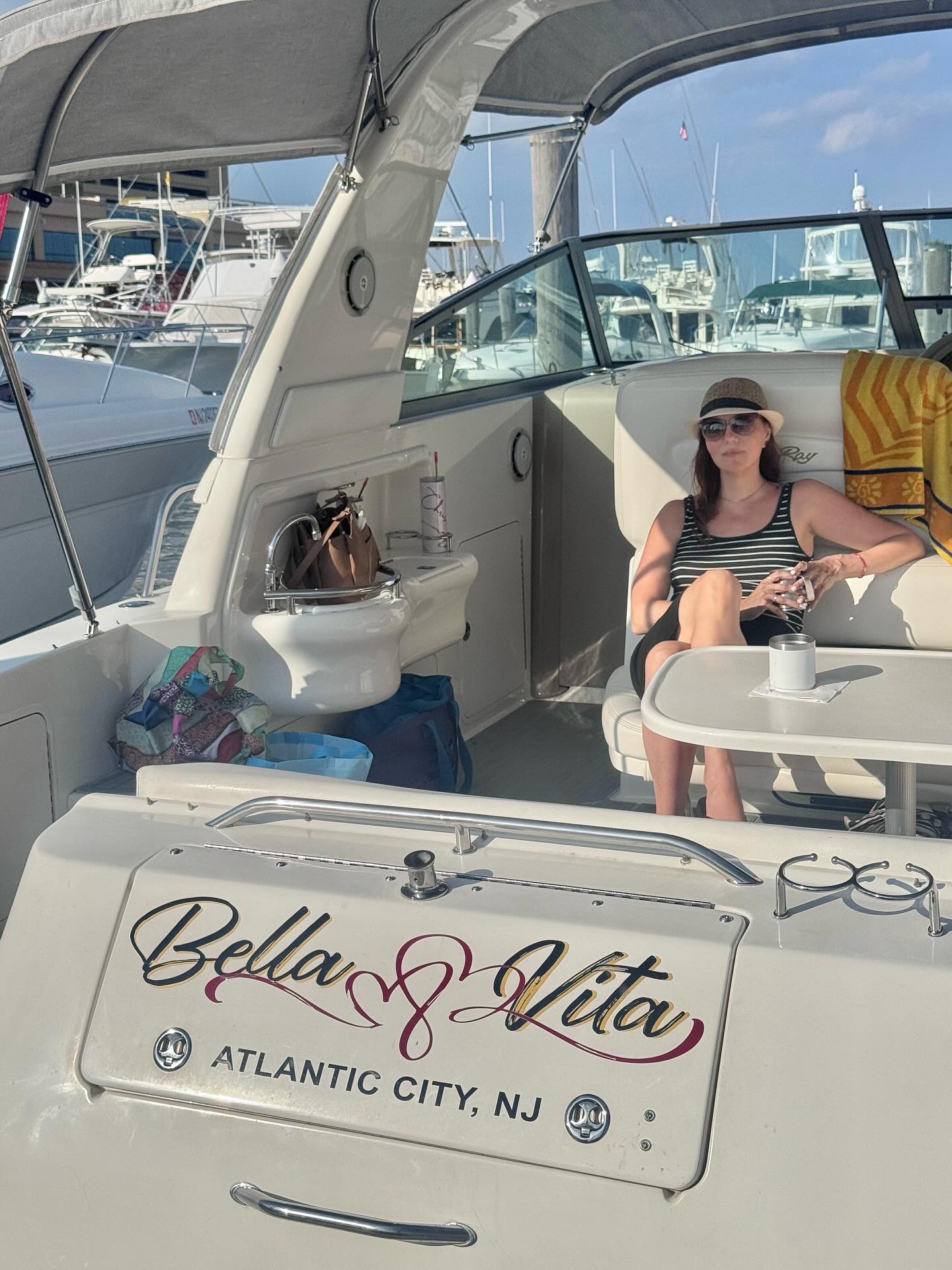 Atlantic City | NJ
Bella Vita
Built for the good life.
Christine and Joey asked me to create the name design for their Sea Ray, Bella Vita, docked in Atlantic City. They wanted something elegant but fun, a design that feels like summer, ease, and champagne at sunset.
I hand lettered the name, balancing flow and flair with something that would shine both on the water and in photos.
This one was special.
The job became the reward.
Design isn’t just about the work, it’s about where the work takes you. This time it’s onto the boat on thr Atlantic Ocean, into the sunshine, and straight into the good life.
#LP #livepurposefully * * * #RovingBee #fielddesigner #theredthread #nyismygirl #theredthreadNYC #workonsite #lynnplatow #travelerforwork #travelerforlife 🔺 #livingfortwo @cmfancy21