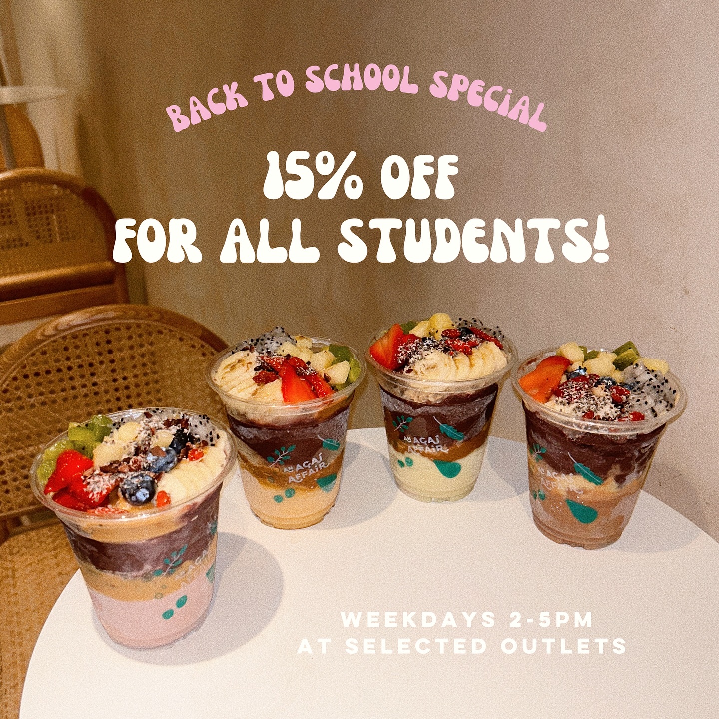 Student perks are back! 🎓✨
Flash your student pass to enjoy 15% off all medium and large açaí bowls every weekday from 2-5pm! 💜
Available at the following outlets:
Bedok
Hillion Mall
Northpoint
Star Vista
Upper Thomson
Westgate
Woods Square
Robertson Quay
Sengkang Grand Mall
Tampines One
Valid until September 30th 2025