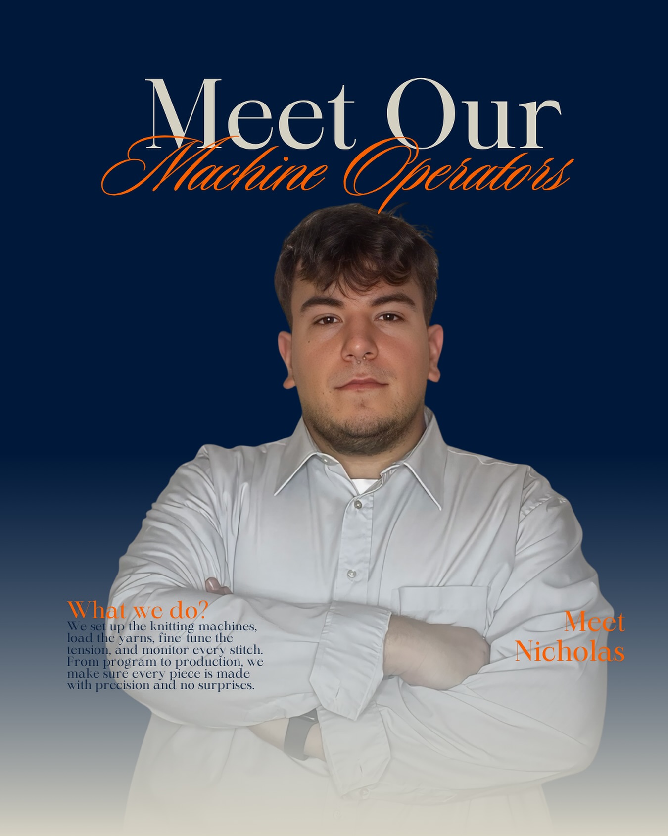 Meet our machine operators🧶
This is Nicholas, one of our youngest machine operators, and already an essential part of our production floor. 🧵✨
He works side by side with our knitting machines, making sure every yarn is in place, every tension is right, and every stitch meets the standard.
Quiet, focused, and precise, Nicholas represents the new generation of Italian craftsmanship.
We’re proud to grow talent like his, right here inside Mida.
#InsideMida #MeetTheTeam #NextGenMakers #MachineOperator #KnitwearProduction #MadeInItalyKnitwear #HumanBehindTheMachine #YoungTalent #KnitwearFactory #PrivateLabelKnitwear #MidaTessile #FromSketchToStitch