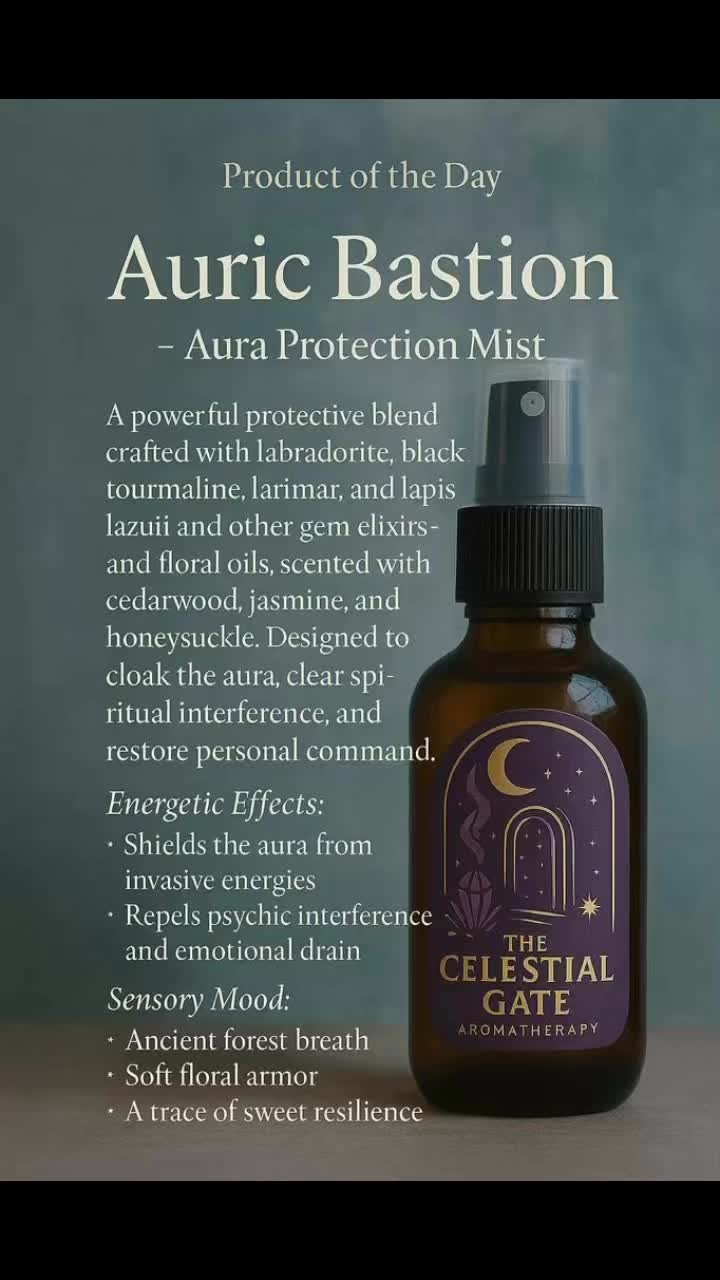 🛡️✨ Aura protection in a bottle.Our Auric Bastion mist is crafted to shield your field, repel interference, and restore the sovereign light of your spirit.Infused with labradorite, tourmaline, larimar & lapis lazuli elixirs—scented with cedarwood, jasmine, and honeysuckle.For moments when you need a fortress of calm and clarity around you. 🌿 Energetic defense. 🌙 Gentle strength. 🔮 Boundaries reawakened.Available through The Celestial Gate. #AuraProtection #TheCelestialGate #EnergeticShield #SpiritualDefense #WitchcraftedWellness #GemstoneElixirs #MysticMist #EnergyWork #Witchtok #HolisticTools