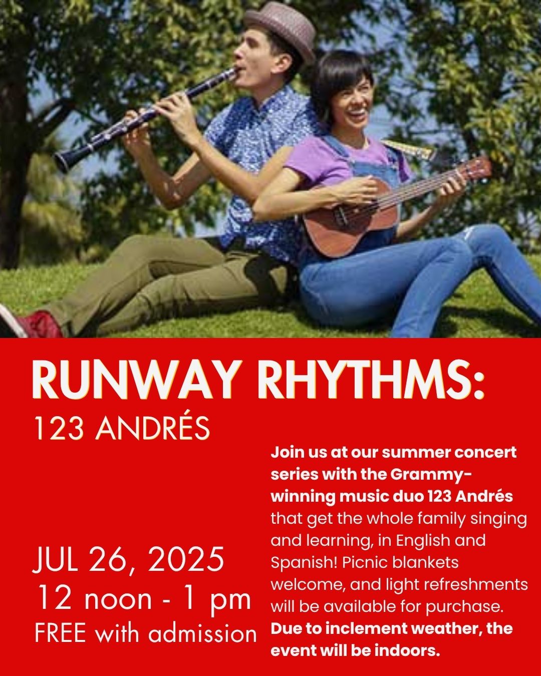 Join us this Saturday from noon-1pm for our summer concert with @123conandres!
With the heat and storms coming, we'll be moving indoors, but the fun (and food trucks!) will be here!
