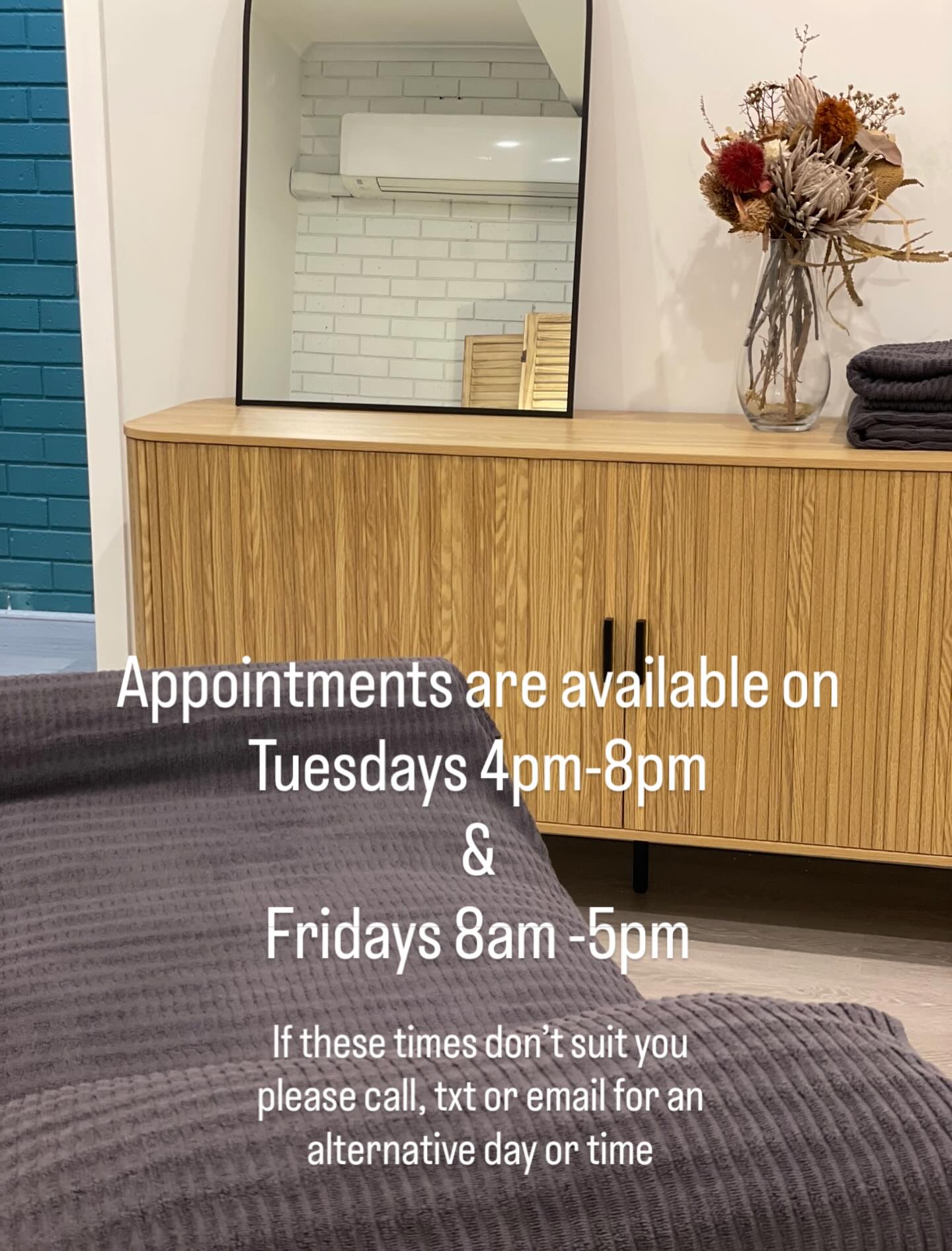 Finding time for yourself is one thing. Finding an appointment that suits your schedule, family, sport, work, life is also difficult!
I don’t want you to miss out 🫶🏼
If you’re after an appointment & the times available don’t suit you, please reach out.
Call, txt or email and we can make a suitable appointment. 📅