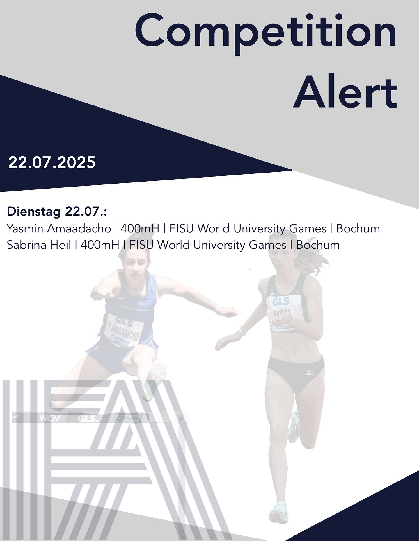 Heute können wir tolle Nachrichten verkünden:
Bei den @rhineruhr2025 FISU World University Games stehen nun zwei unserer Athleten für Deutschland am Start 🔥💥!
Sowohl @yasmin.amaa als auch @sabrina.heil dürfen direkt nach ihrem Trip zur U23 EM letzte Woche wieder an den Start gehen, beide über ihre Paradestrecke 400mH 🚧⚡️.
Wir wünschen Team Deutschland und unseren Athletinnen viel Erfolg 🙌!
.
.
#frankfurtathletics #fa #germanyathletics #faster #higher #further