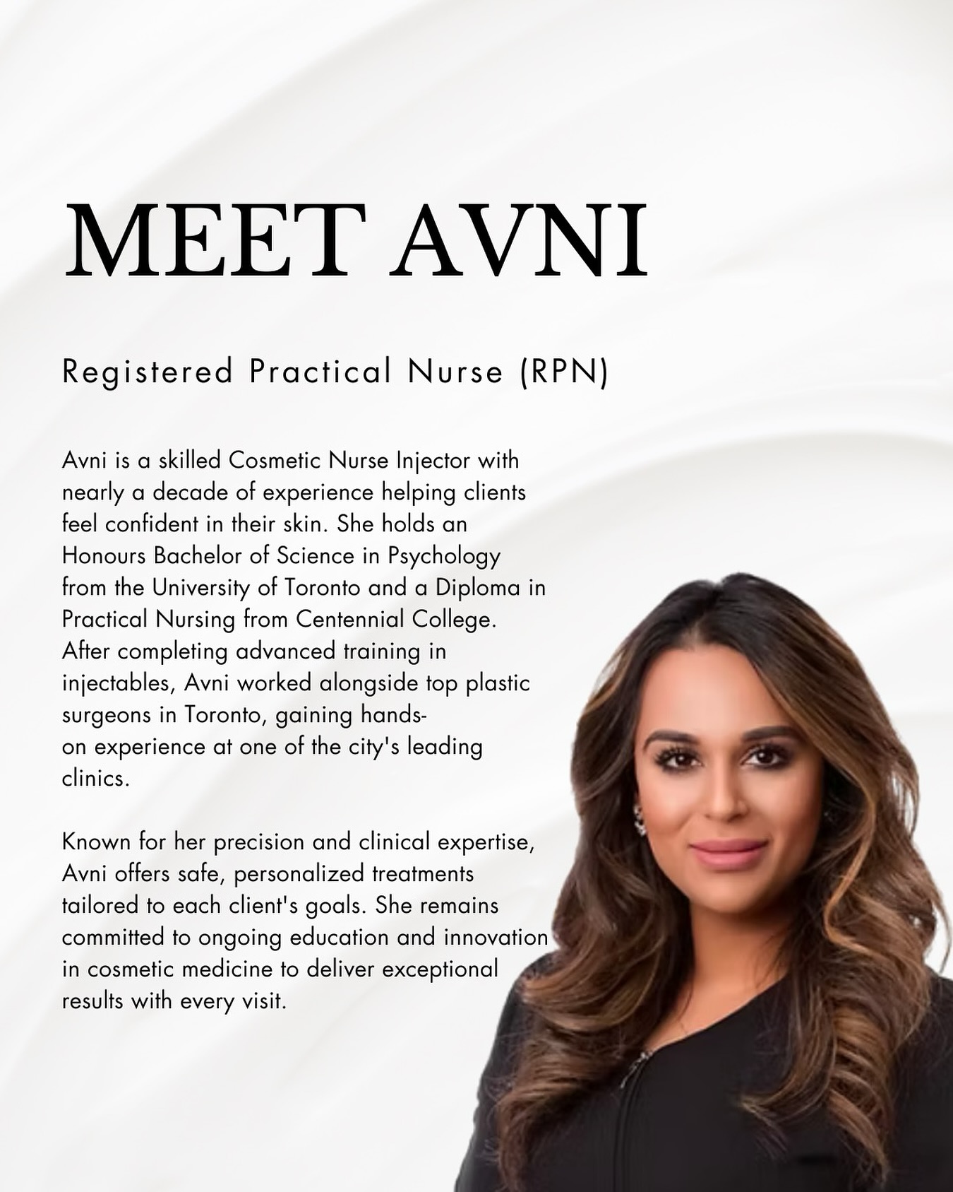 Meet Avni, our in-house Cosmetic Nurse Injector with nearly a decade of experience helping clients feel confident in their skin.
Known for her precision and clinical expertise, Avni offers safe, personalized treatments tailored to each client’s goals. She remains committed to ongoing education and innovation in cosmetic medicine to deliver exceptional results with every visit.
At Botonic, you’re in the best hands.