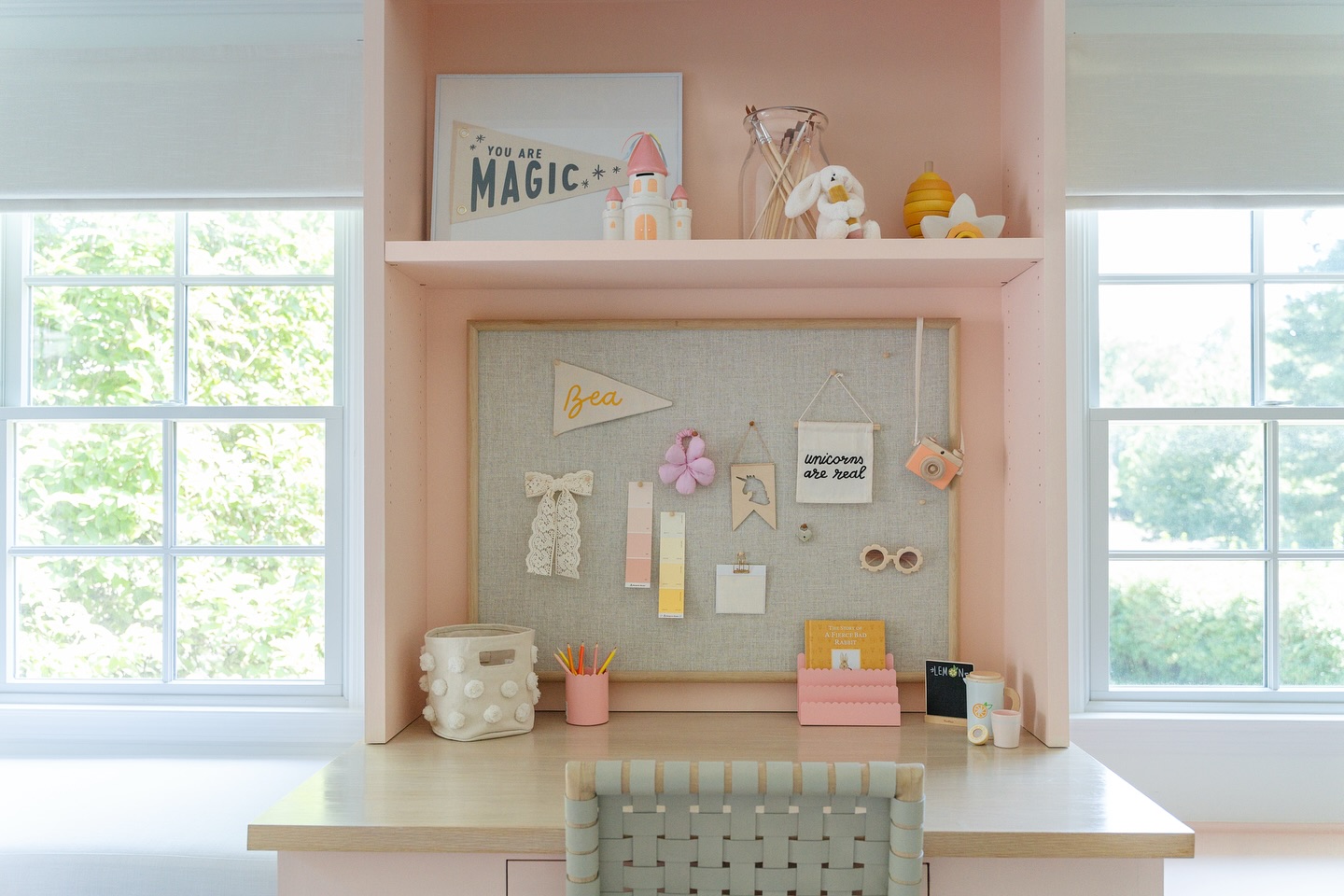 Designed this built-in to do it all! A comfy reading nook, a desk for creativity, a play bench and tons of storage (the pretty kind😝). It’s all about making the most of the space while keeping it fun and functional for everyday life!
Swipe to see the before!
Project: Bright as can Bea