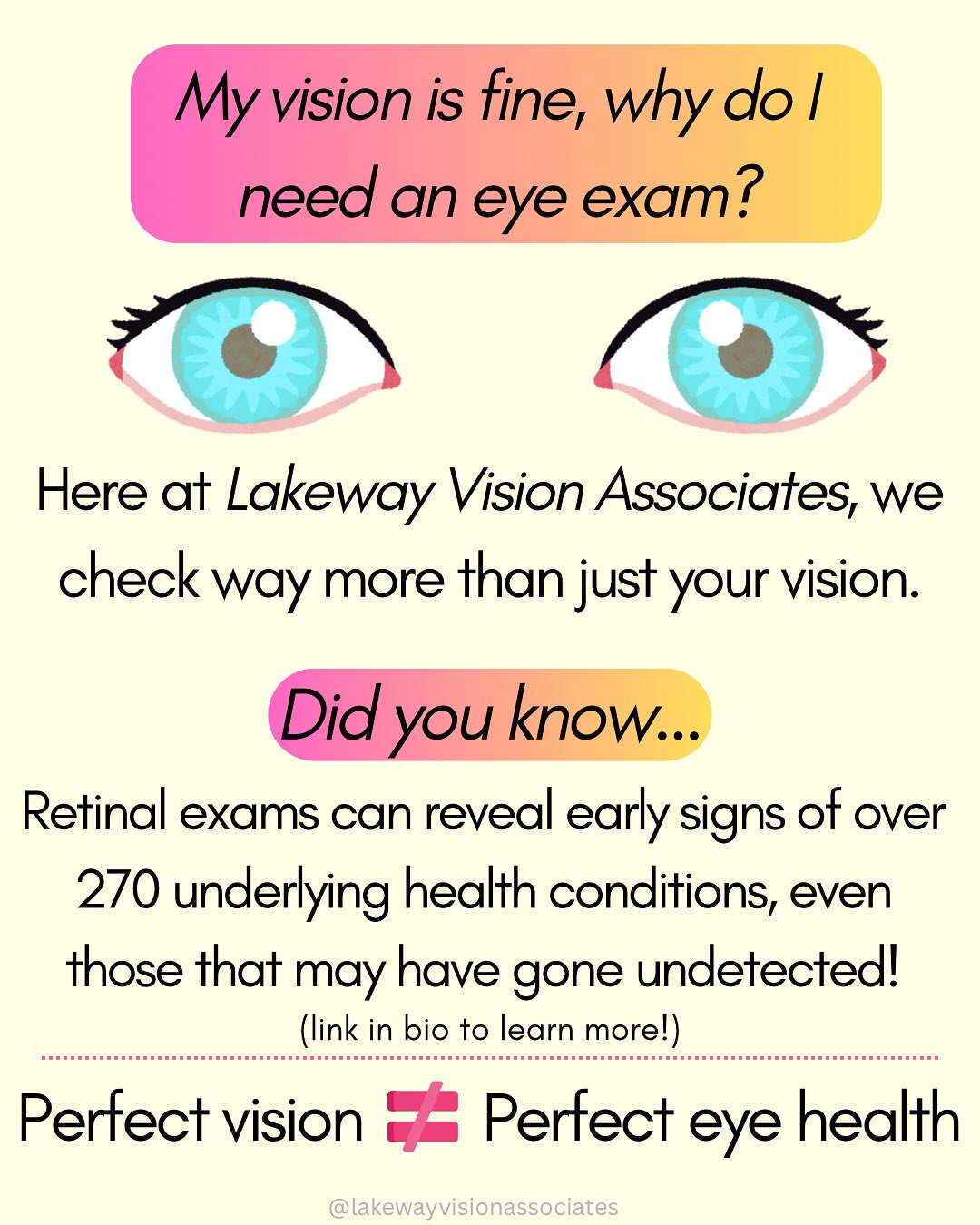 👀✨ Think you don’t need an eye exam just because your vision is fine? Think again!
Perfect vision does not mean perfect eye health, retinal exams can reveal 270+ health conditions! We check way more than just how well you see!