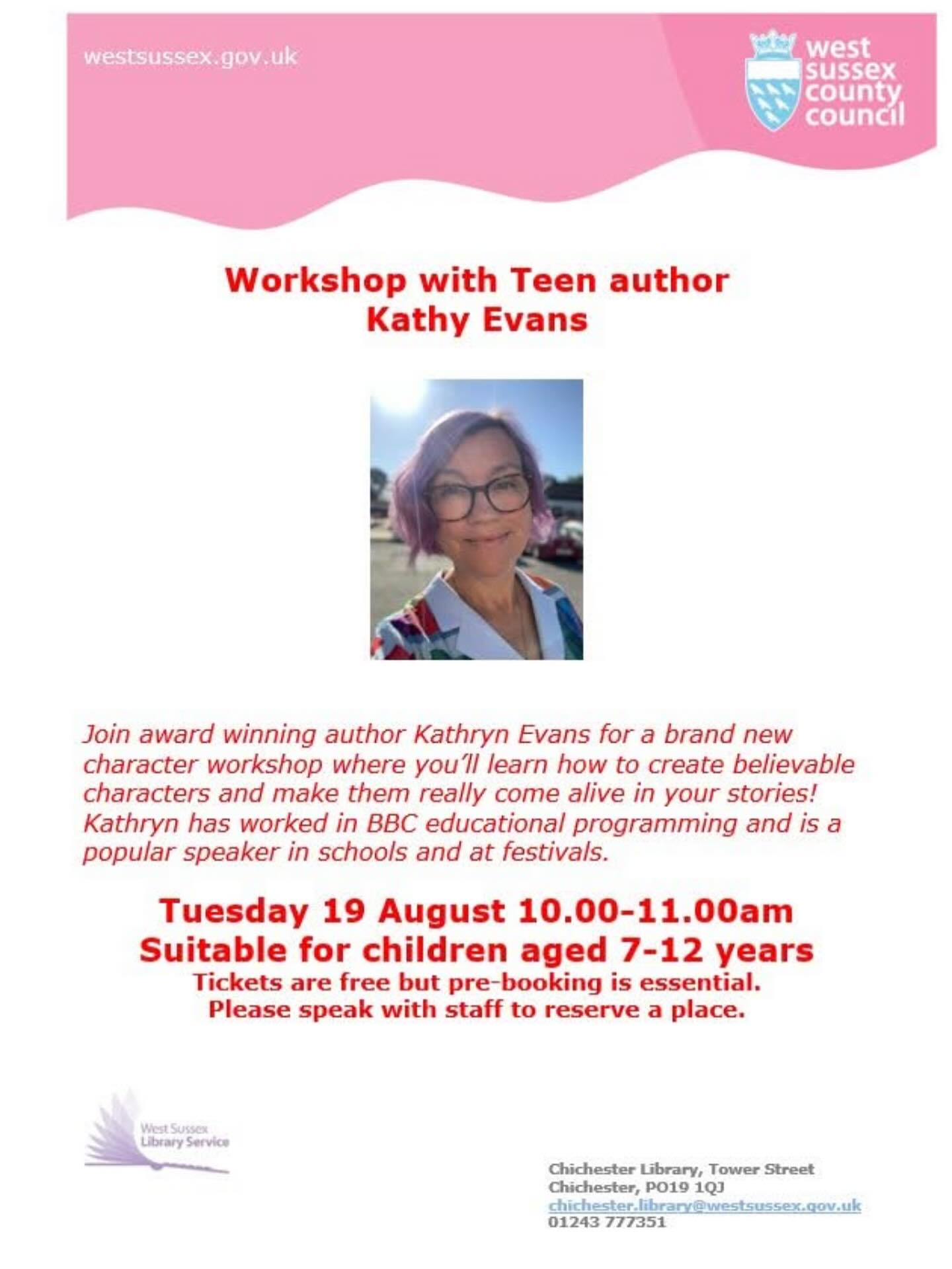 Join me at Chichester library 10-11 19th August for a free writing workshop! Age 7-12 , booking essential 📚📚📚📚