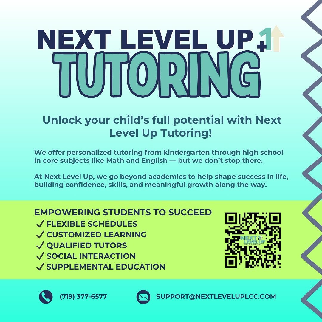 Unlock your child’s full potential with Next Level Up Tutoring!
We offer personalized tutoring from kindergarten through high school in core subjects like Math and English — but we don’t stop there.
At Next Level Up, we go beyond academics to help shape success in life, building confidence, skills, and meaningful growth along the way.
Let’s take learning to the next level — together!
#NextLevelUp #TutoringServices #AcademicSupport #StudentSuccess #personalizedlearning