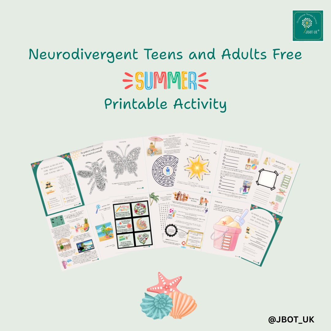 Download your FREE Neurodivergent Teens and Adults Summer Printable Activity booklet.
As a neurodivergent therapist and a parent to neurodivergent children, I know many of the resources available are aimed at primary-age children. However, teens and young adults can struggle during the unstructured summer months, particularly with season-specific sensory and social expectations. I hope this free pack helps, in some small way, to address that gap.
Access it via my resources page: https://www.jbotuk.com/resources
Read more about it on my blog post: https://www.jbotuk.com/post/embracing-summer-through-an-ot-lens-a-pack-for-neurodivergent-teens-and-young-adults
#Therapy #Sensory #MentalHealth #Summer #ActivityPack #Free #LivedExperience #Neurodivergent #Autistic #Adhd #Dyspraxic #WardActivity #AcrossTheLifeSpan #EvidenceBased #Printable #GroupActivity #HomeSchool #CAMHS #Teens