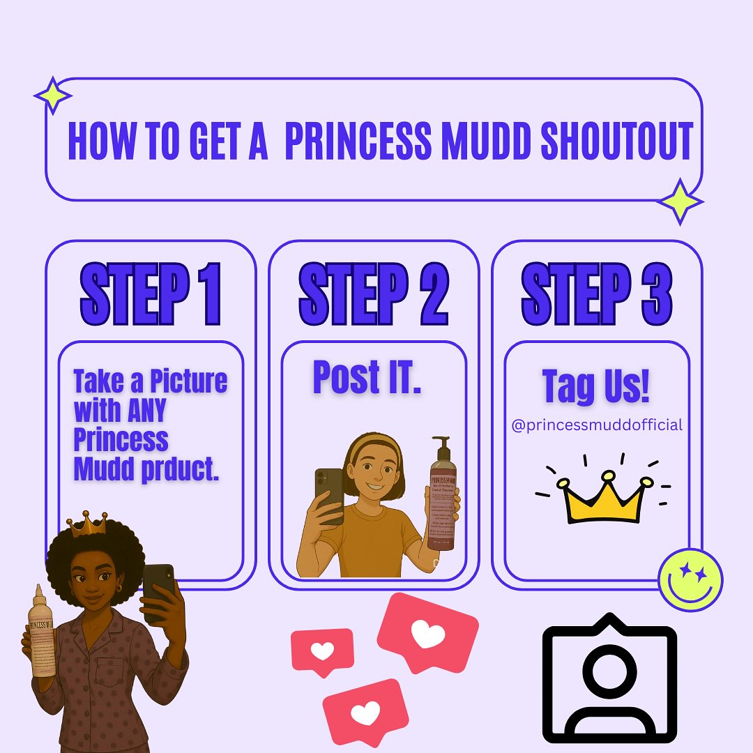 Want a shoutout from us? It’s easy!
1️⃣ Snap a pic with any Princess Mudd product
2️⃣ Post it on your feed or story
3️⃣ Tag us in your post ✨#shoutoutforshout