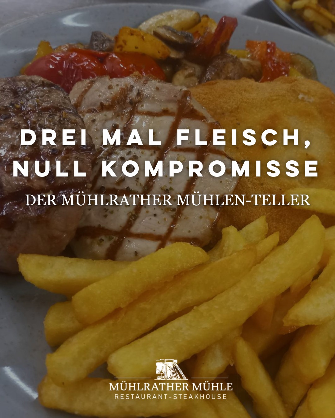 Rumpsteak mit Grillstreifen, zartes Schweinerückensteak & hausgemachtes Schnitzel auf einem Teller – dazu Pommes + Röstgemüse. Mehr kann ein Montag kaum leisten.
ㅤ
📍 Ab 17:30 Uhr in der Mühlrather Mühle
ㅤ
#MühlratherMühle #Grillteller #Steakhouse #Balkangrill #Schwalmtal